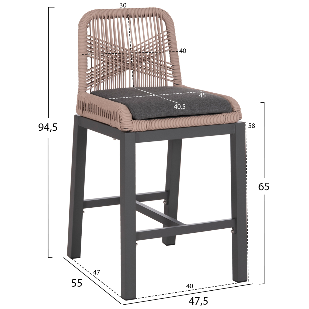 BAR STOOL MEDIUM HEIGHT HOWARD HM5791.21 ALUMINUM IN ANTHRACITE--BEIGE ROPE 47.5x55x94.5Hcm. [2]