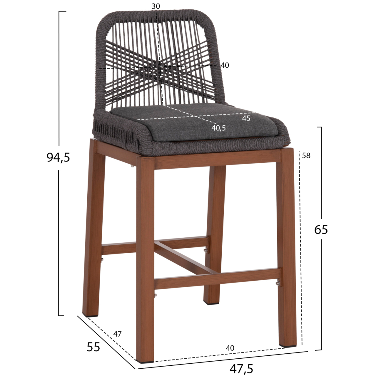 BAR STOOL MEDIUM HEIGHT HOWARD HM5791.22 ALUMINUM IN BROWN--DARK GREY ROPE 47.5x55x94.5Hcm. [2]