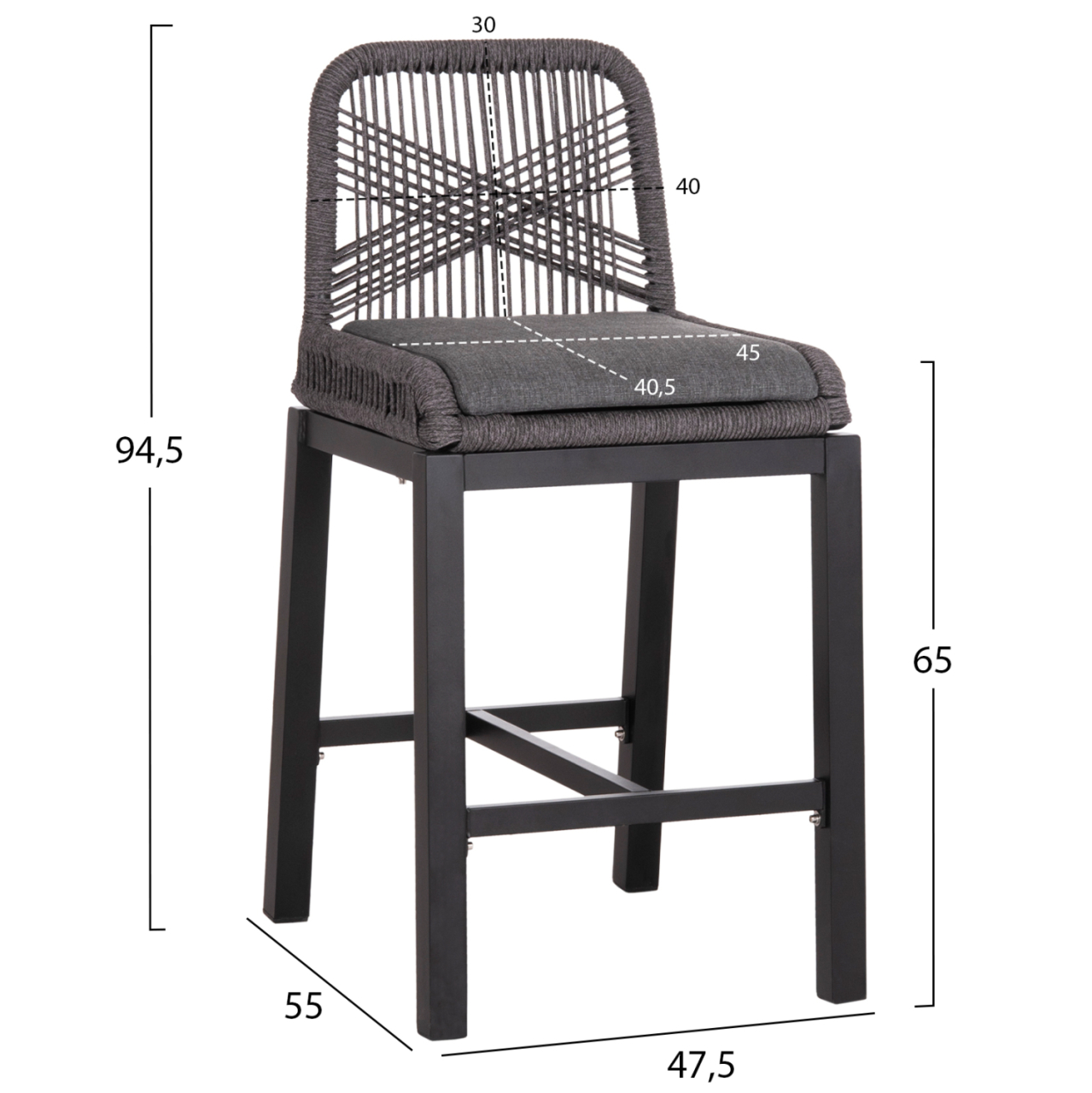 BAR STOOL MEDIUM HEIGHT HOWARD HM5791.23 ALUMINUM IN BLACK--DARK GREY ROPE 47.5x55x94.5Hcm. [2]