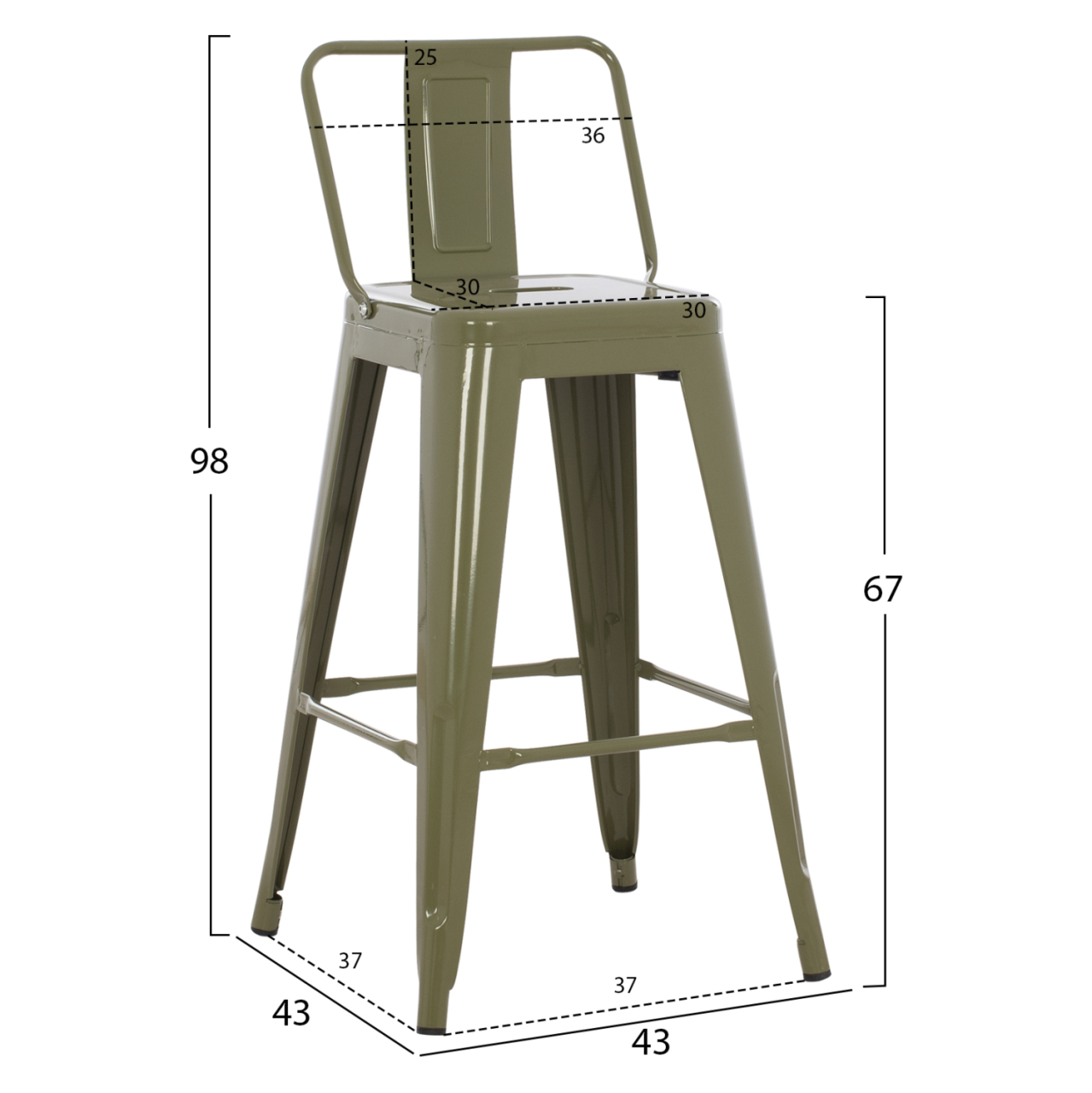 BAR STOOL MEDIUM HEIGHT MELITA-PRO HM8574.43 METAL IN DARK OLIVE GREEN 43x43x88Hcm. [2]