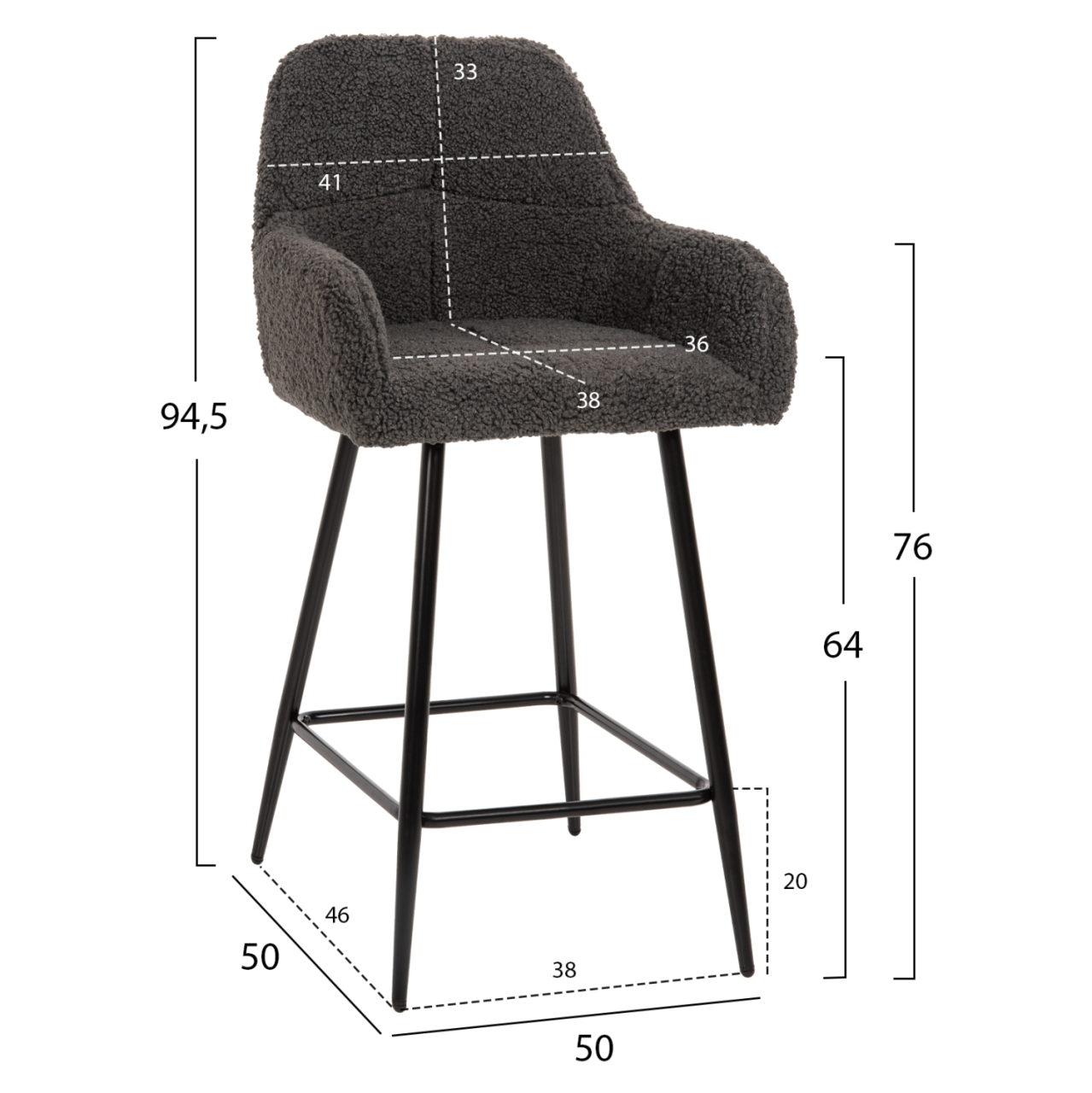 BAR STOOL MEDIUM HEIGHT STRIKE HM8592.01 GREY TEDDY FABRIC-BLACK METAL LEGS 50x50x94,5Hcm. [2]