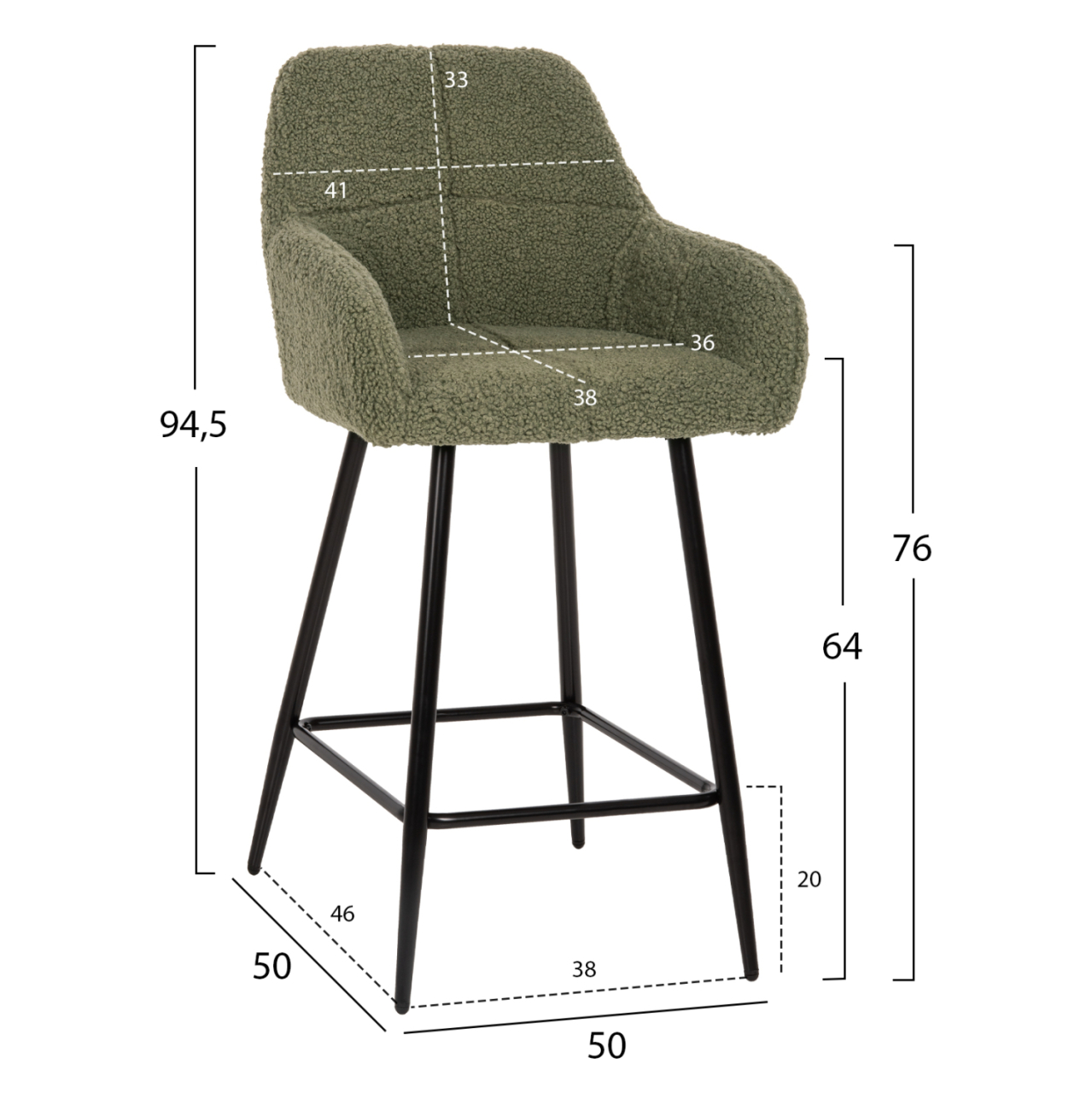 BAR STOOL MEDIUM HEIGHT STRIKE HM8592.03 PISTACHIO GREEN TEDDY FABRIC-BLACK METAL LEGS 50x50x94,5Hcm. [2]