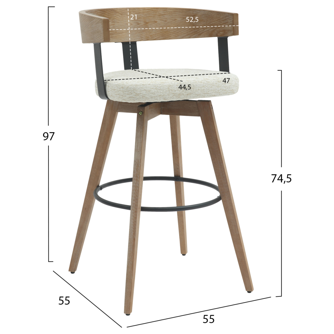 BAR STOOL MEDIUM HEIGHT SWIVEL LANI HM9988.01 BEECH WOOD LEGS-PLYWOOD BACK-ECRU FABRIC SEAT 55x55x97Hcm. [2]