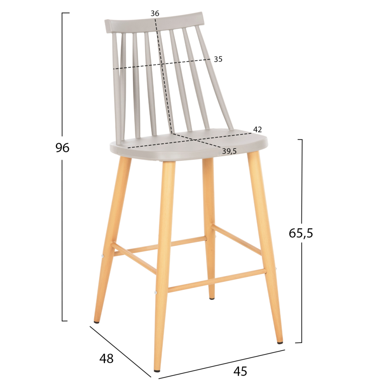 BAR STOOL MEDIUM HEIGHT VANESSA HM9300.10 GREY POLYPROPYLENE and METAL IN NATURAL WOOD 45x48x96Hcm. [2]