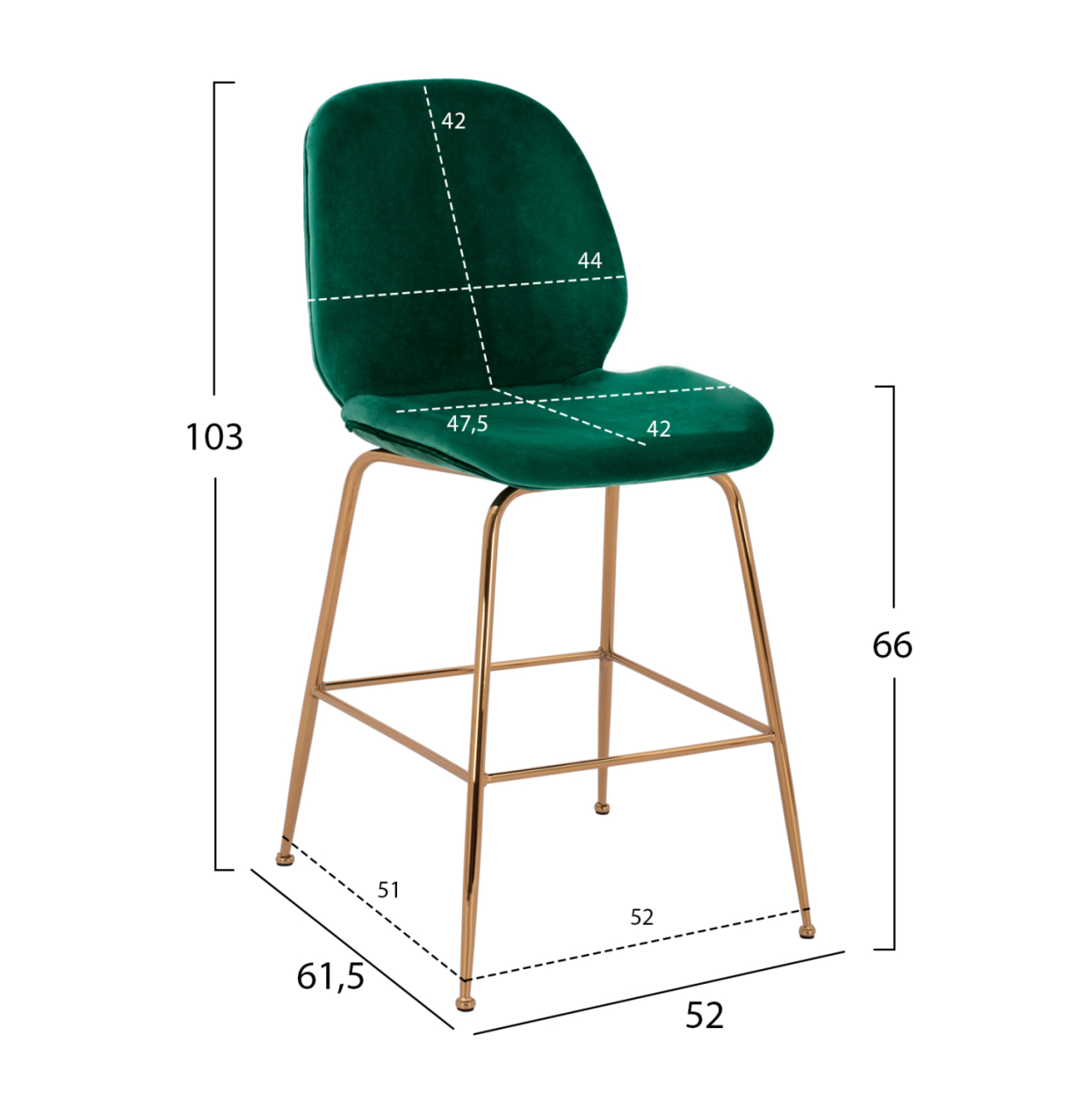 Bar Stool Middle Height Nora HM8524.03 Velvet Cyppress Green and Gold metallic Frame 52x61,5x103 cm. [2]