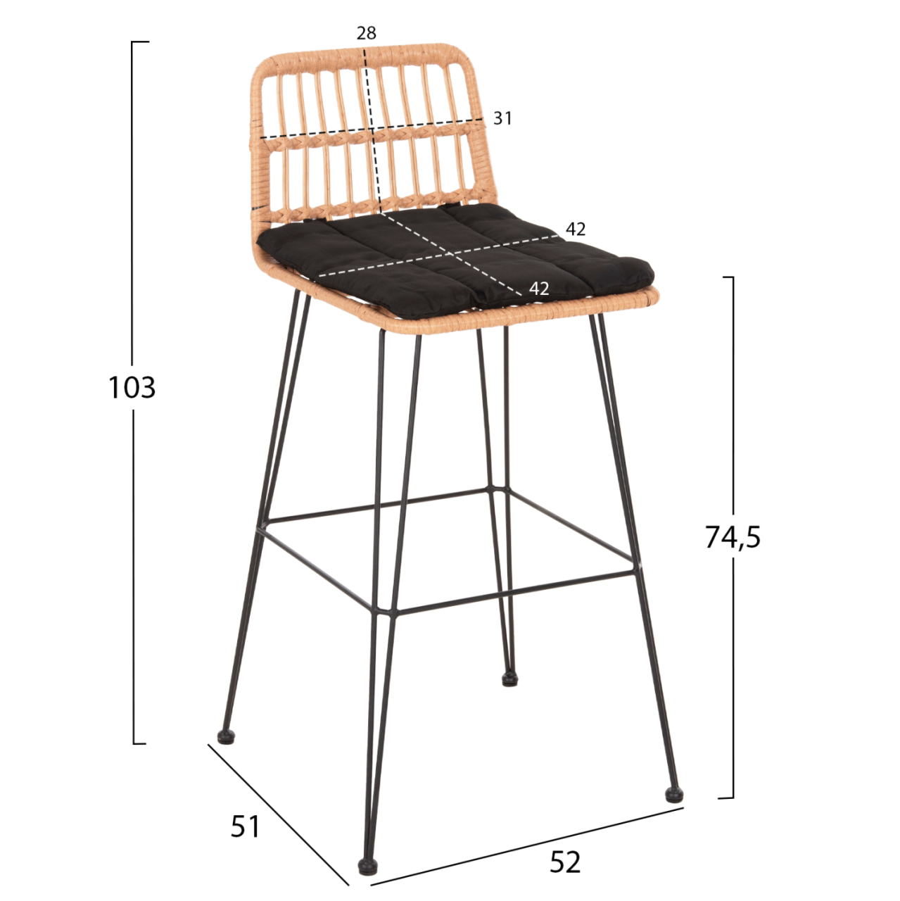 BAR STOOL OUTDOOR ALLEGRA HM5452.11 METALandCUSHION IN BLACK-BEIGE WICKER 52x51x103H cm. [2]