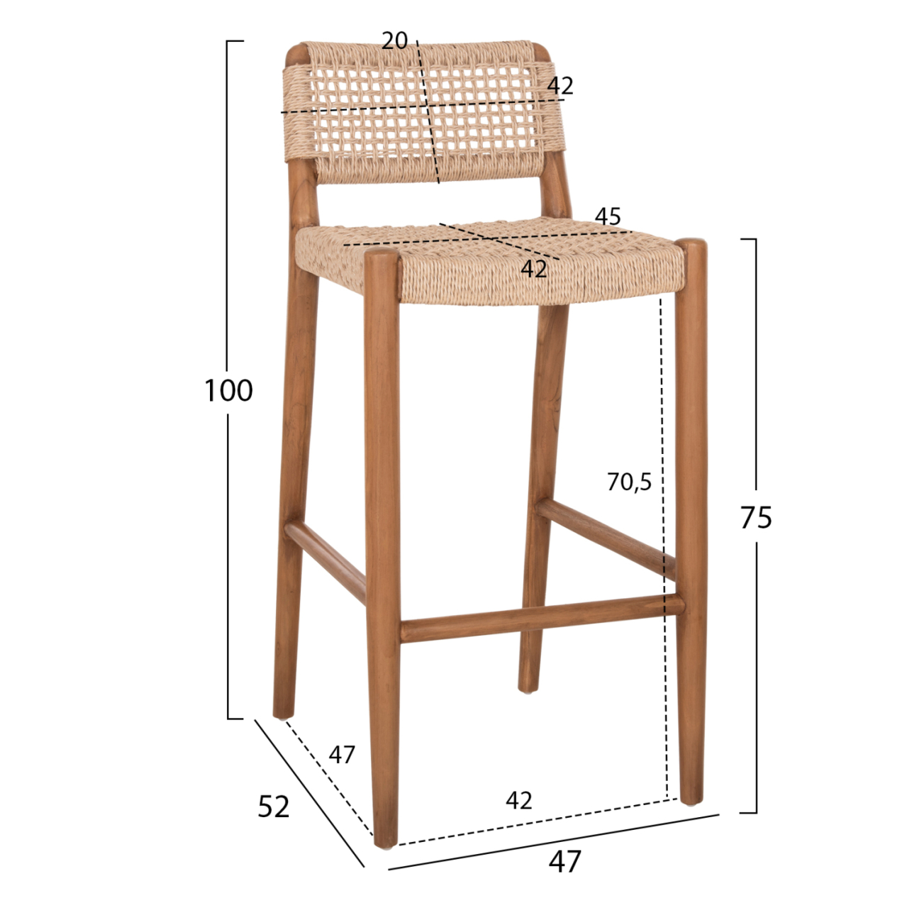 BAR STOOL ROSCO HM6134 TEAK WOOD IN NATURAL-VIRO ROPE IN BEIGE 47x52x100Hcm. [2]