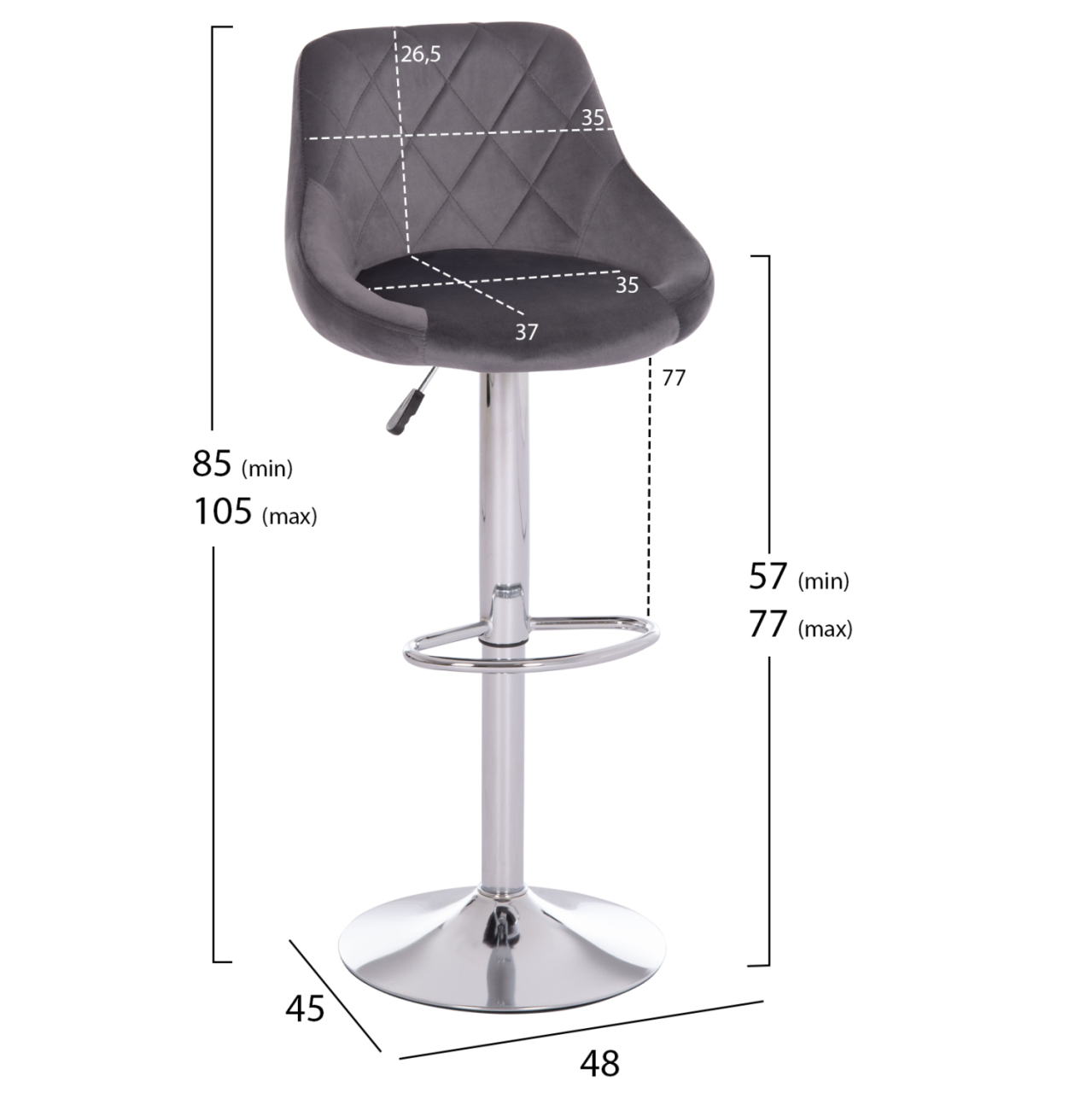 BAR STOOL ROSE HM204.41 CHROMED BASE and SUSPENSION and GREY VELVET 48x45x105Hcm. [2]