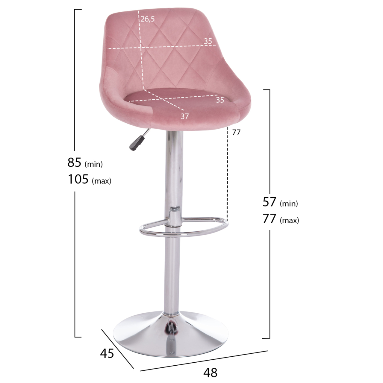 BAR STOOL ROSE HM204.42 CHROMED BASE and SUSPENSION and DUSTY PINK VELVET 48x45x105Hcm. [2]
