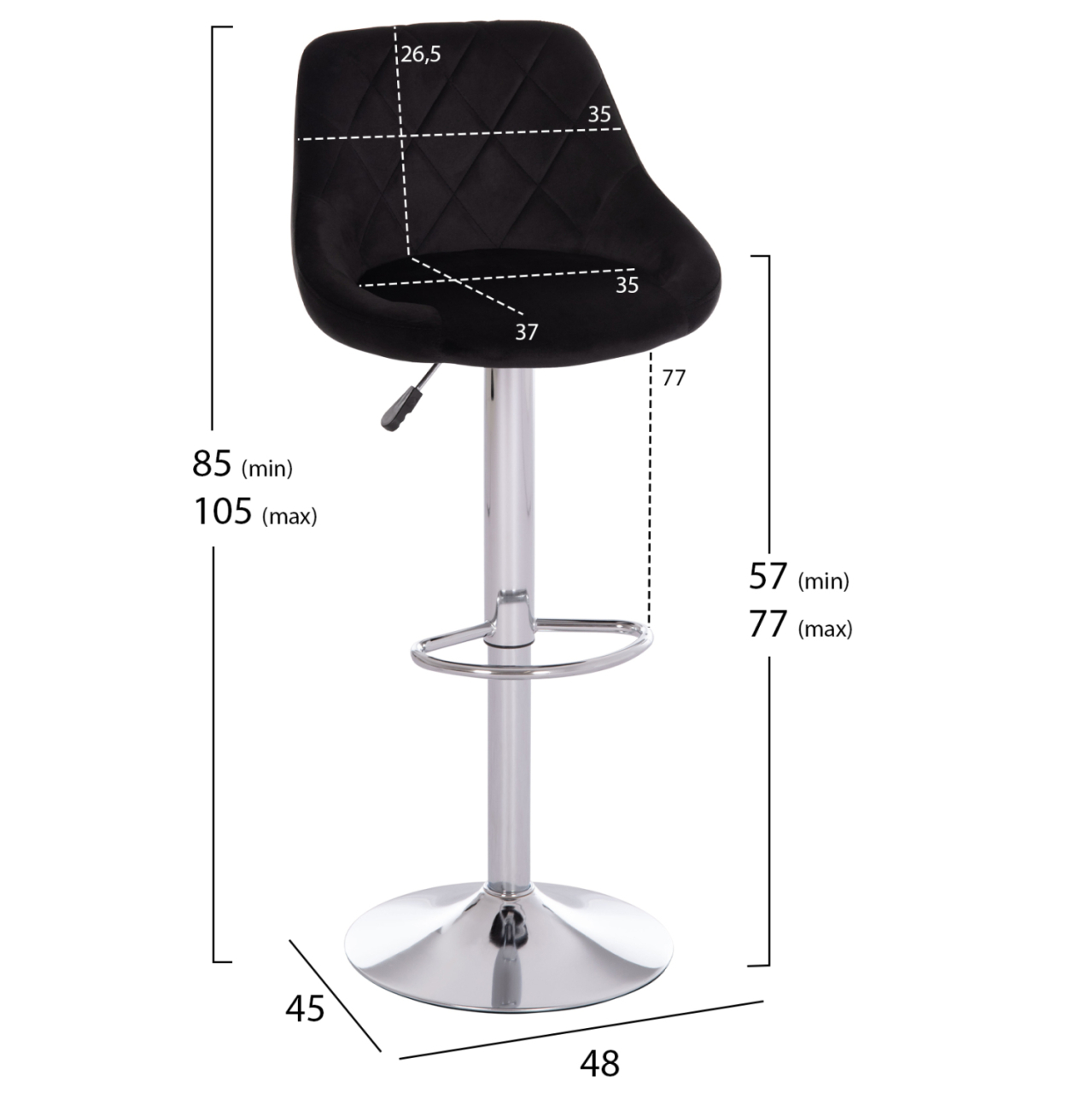 BAR STOOL ROSE HM204.44 CHROMED BASE and SUSPENSION and BLACK VELVET 48x45x105Hcm. [2]