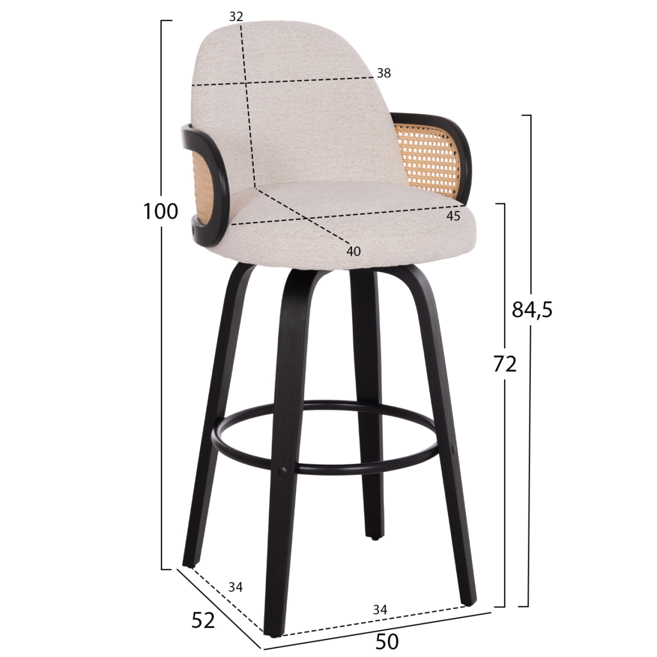 BAR STOOL SWIVEL BECKER HM18251.02 PLYWOOD IN BLACK--FABRIC IN ECRU 50x52x100Hcm. [2]