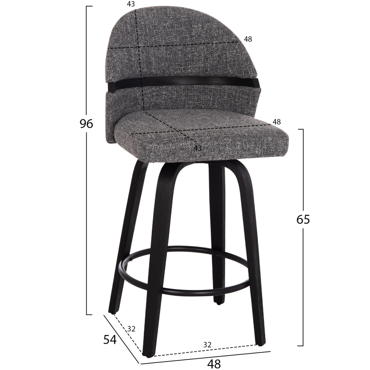 BAR STOOL SWIVEL DEKKER HM18250.02 PLYWOOD IN BLACK--FABRIC IN GREY 48x54x96Hcm. [2]