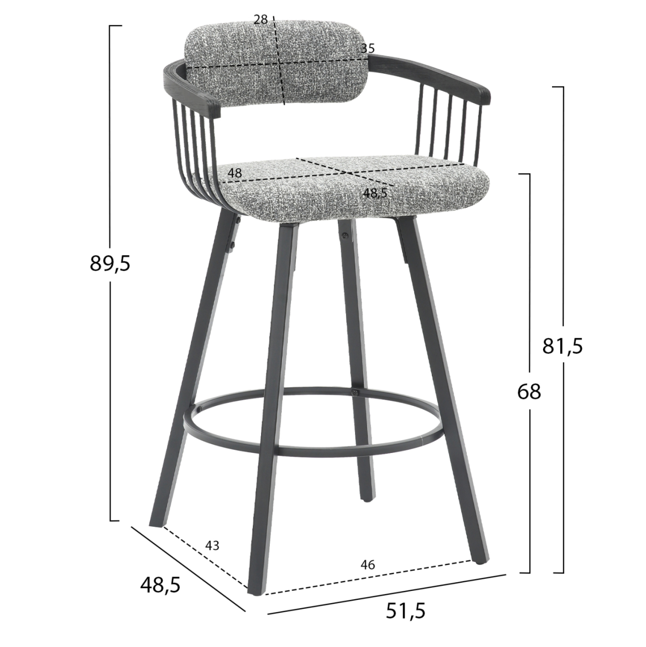 BAR STOOL SWIVEL LANG HM9990.02 BLACK METAL FRAME-GREY FABRIC 51,5x48,5x89,5Hcm. [2]