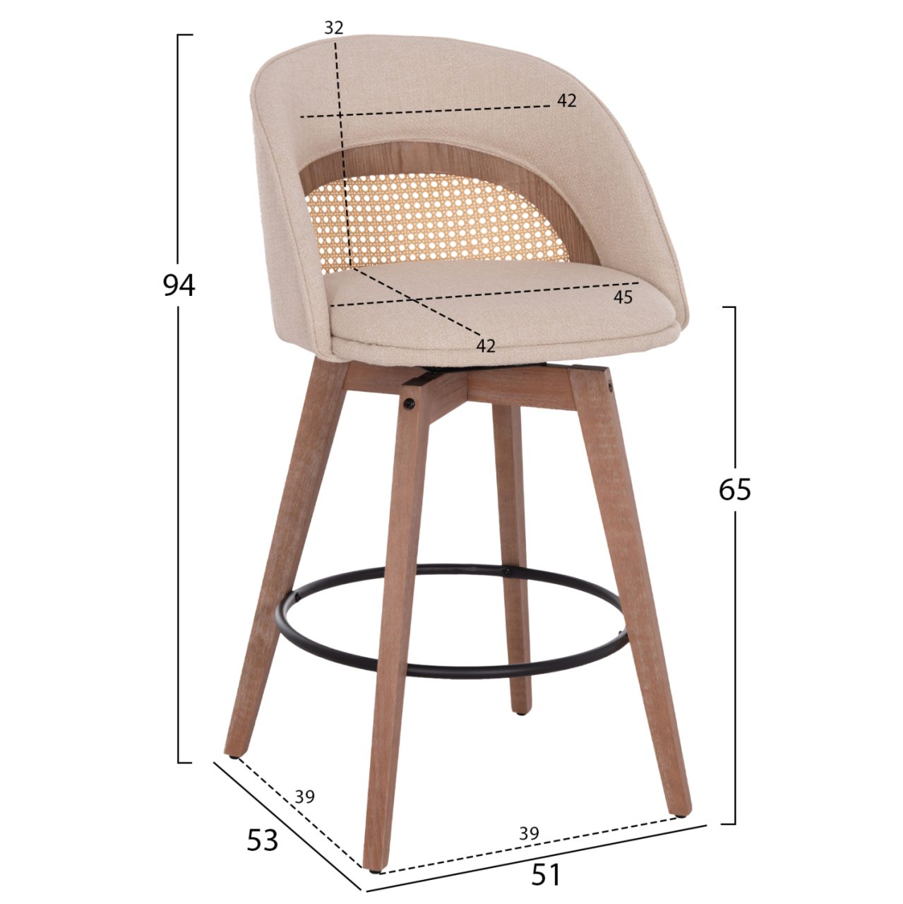 BAR STOOL SWIVEL RIKI HM18253.01 WOODEN LEGS--BEIGE FABRIC 51x53x94Hcm. [2]