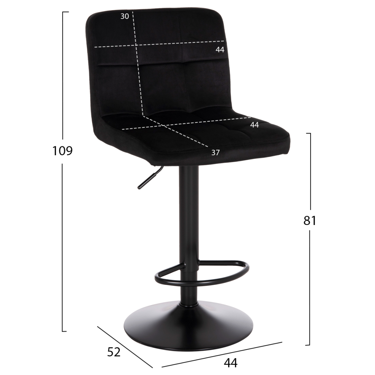 BAR STOOL SWIVELING DIANA HM202.44 BLACK VELVET--BLACK MATTE METAL 44x52x109Hcm. [2]