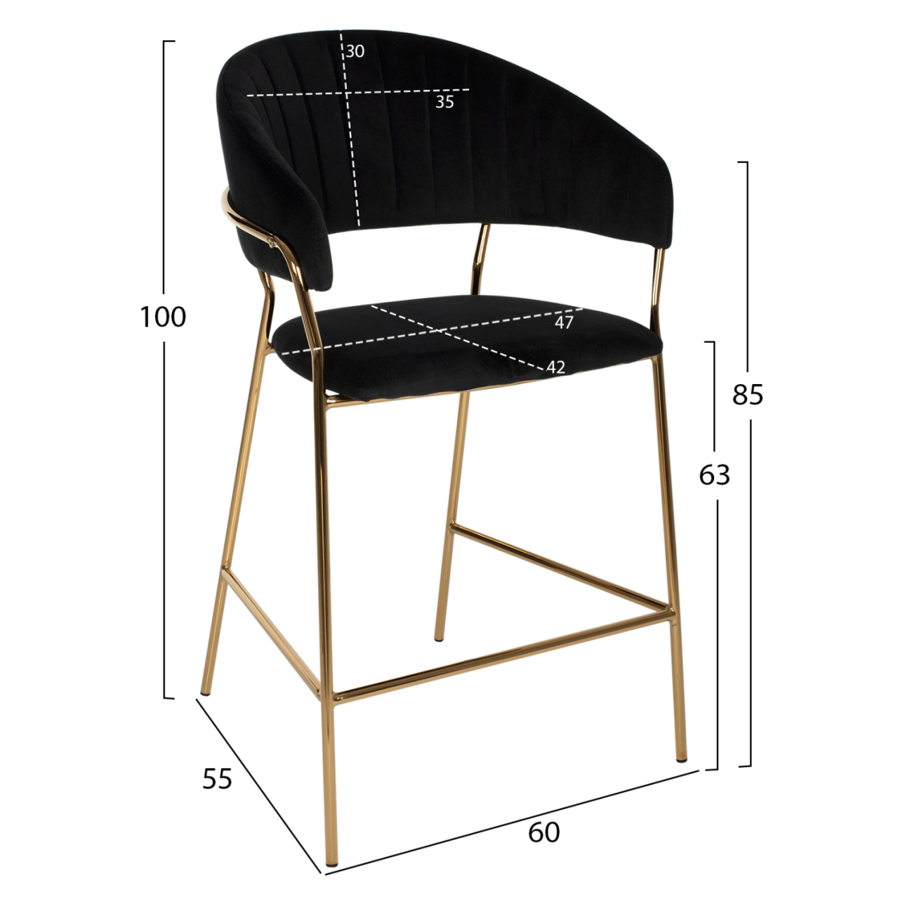 BAR STOOL THEODORE HM8734.04 BLACK VELVET GOLD METAL FRAME 60x55x100Hcm. [2]