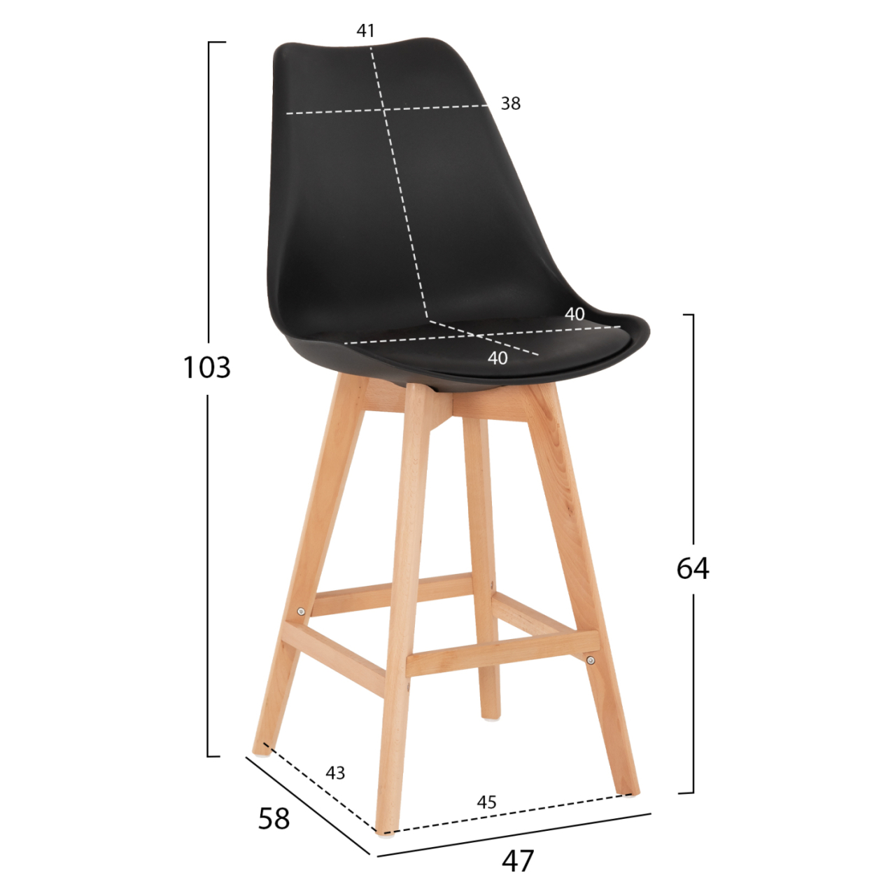 BAR STOOL VEGAS HM8000.22 MEDIUM HEIGHT BLACK POLYPROPYLENE NATURAL BEECH WOOD 47x58x100Hcm. [2]