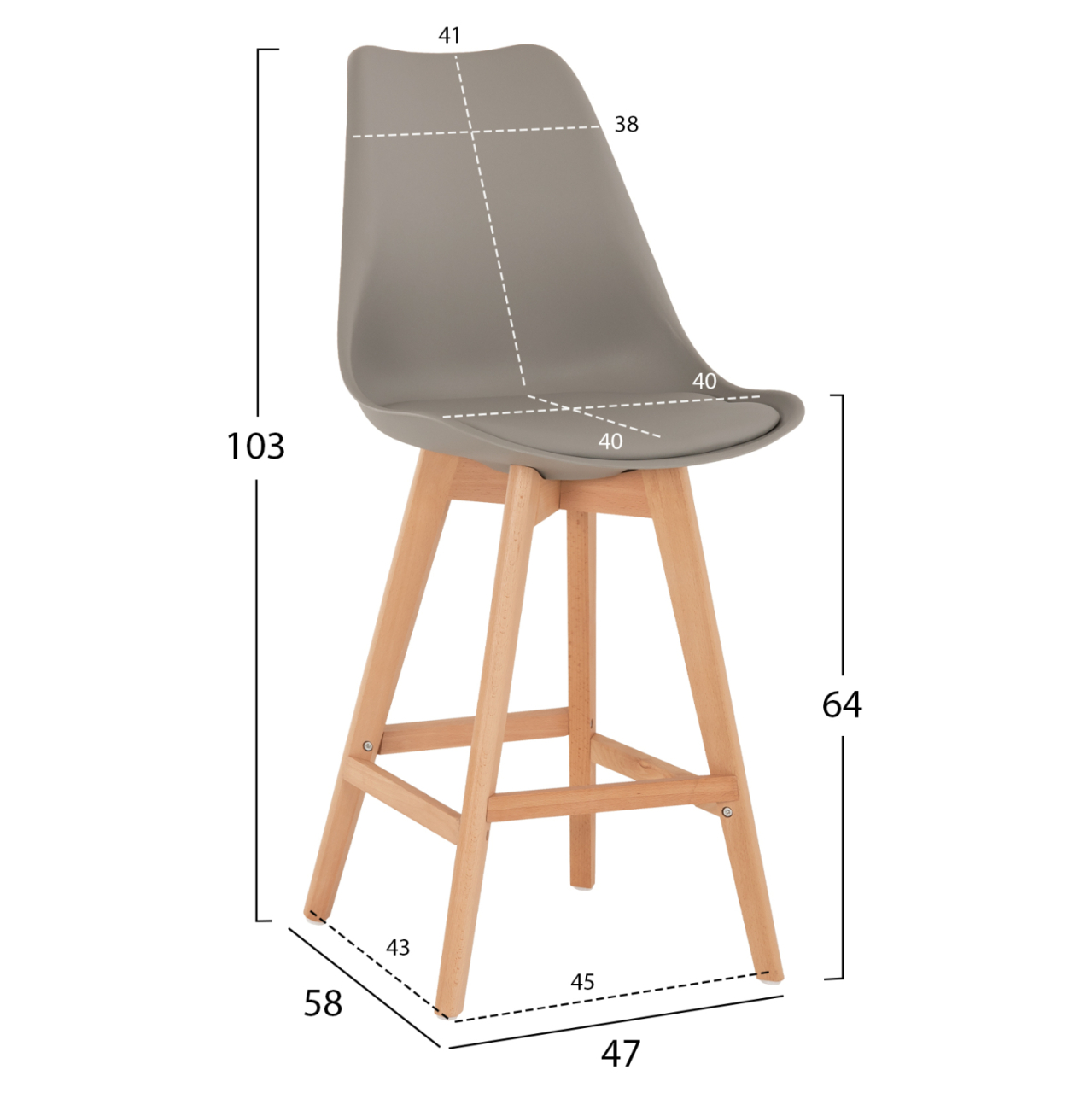 BAR STOOL VEGAS HM8000.40 MEDIUM HEIGHT GREY POLYPROPYLENE NATURAL BEECH WOOD 47x58x100Hcm. [2]