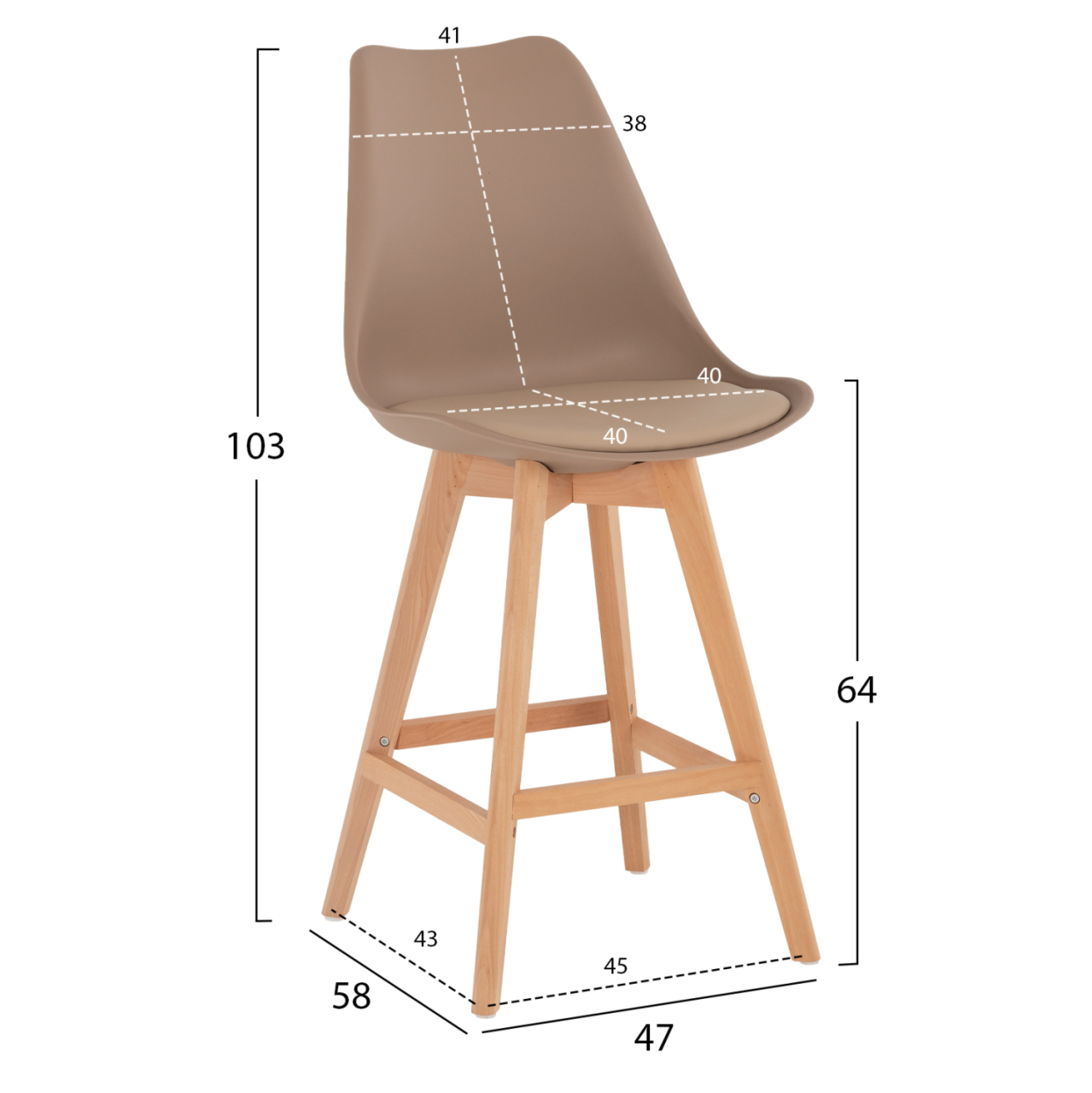 BAR STOOL VEGAS HM8000.55 MEDIUM HEIGHT CAPPUCCINO POLYPROPYLENE NATURAL BEECH WOOD 47x58x100Hcm. [2]