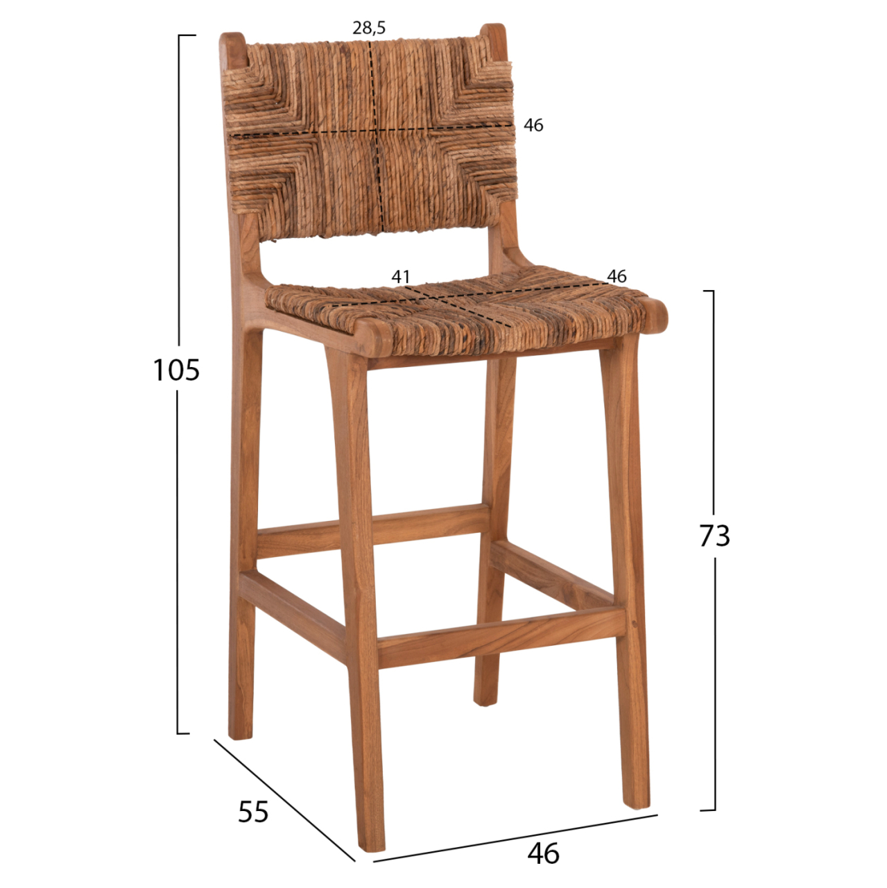 BAR STOOL WALTER HM9841 TEAK WOOD IN NATURAL-RUSH MATT 46x55x105Hcm. [2]