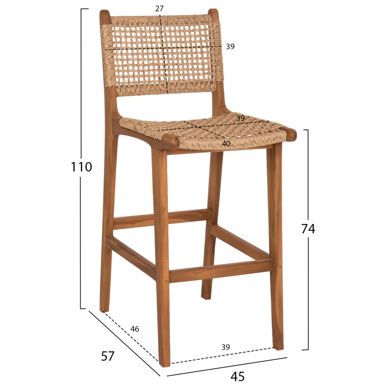 BAR STOOL WITH BACKREST NESHA HM9788 TEAK WOOD IN NATURAL-BEIGE ROPE 45x57x110Hcm. [2]