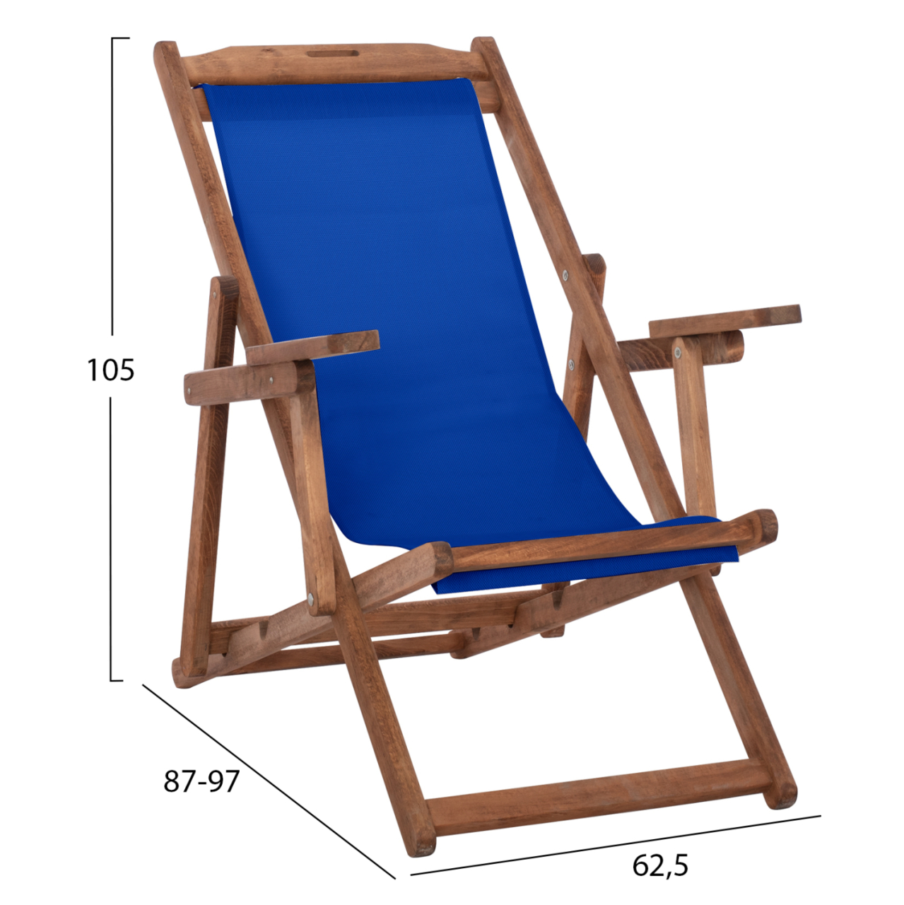 BEACH CHAIR WITH ARMS and BLUE TEXTILENE LIMNOS HM11708.01T BEECH WOOD IN WALNUT 62.5x97x105Hcm. [2]