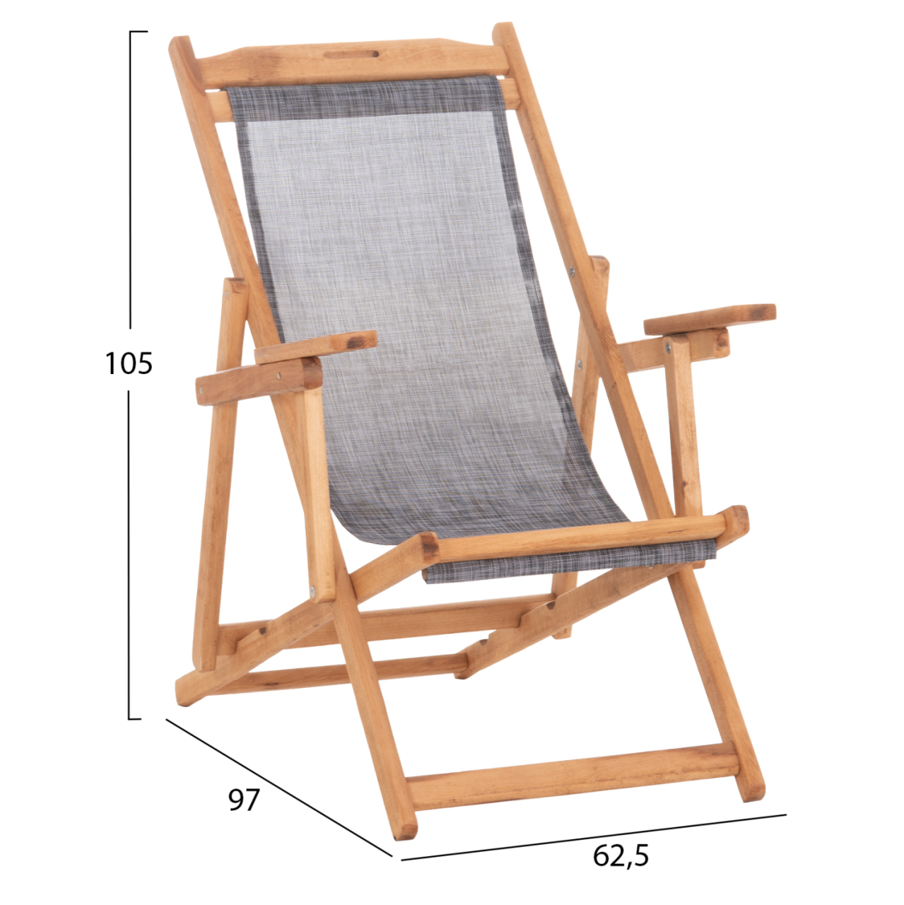 BEACH CHAIR WITH ARMS and GREY TEXTILENE LIMNOS HM11708.10T BEECH WOOD IN WALNUT 62.5x97x105Hcm. [2]