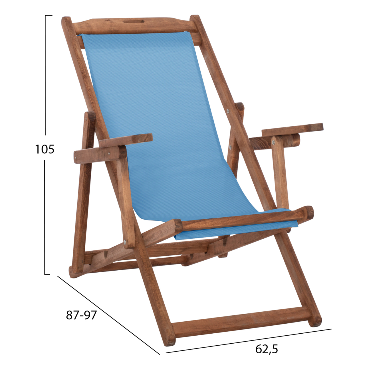 BEACH CHAIR WITH ARMS and SKY BLUE TEXTILENE LIMNOS HM11708.08T BEECH WOOD IN WALNUT 62.5x97x105Hcm. [2]