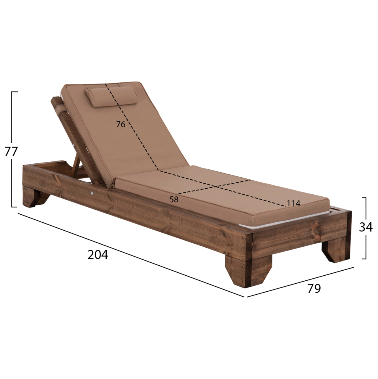 BEACH LOUNGER KORINOS HM10772.04T PINE WOOD IN WALNUT--CUSHION IN MOCHA 79x204x77Hcm. [2]