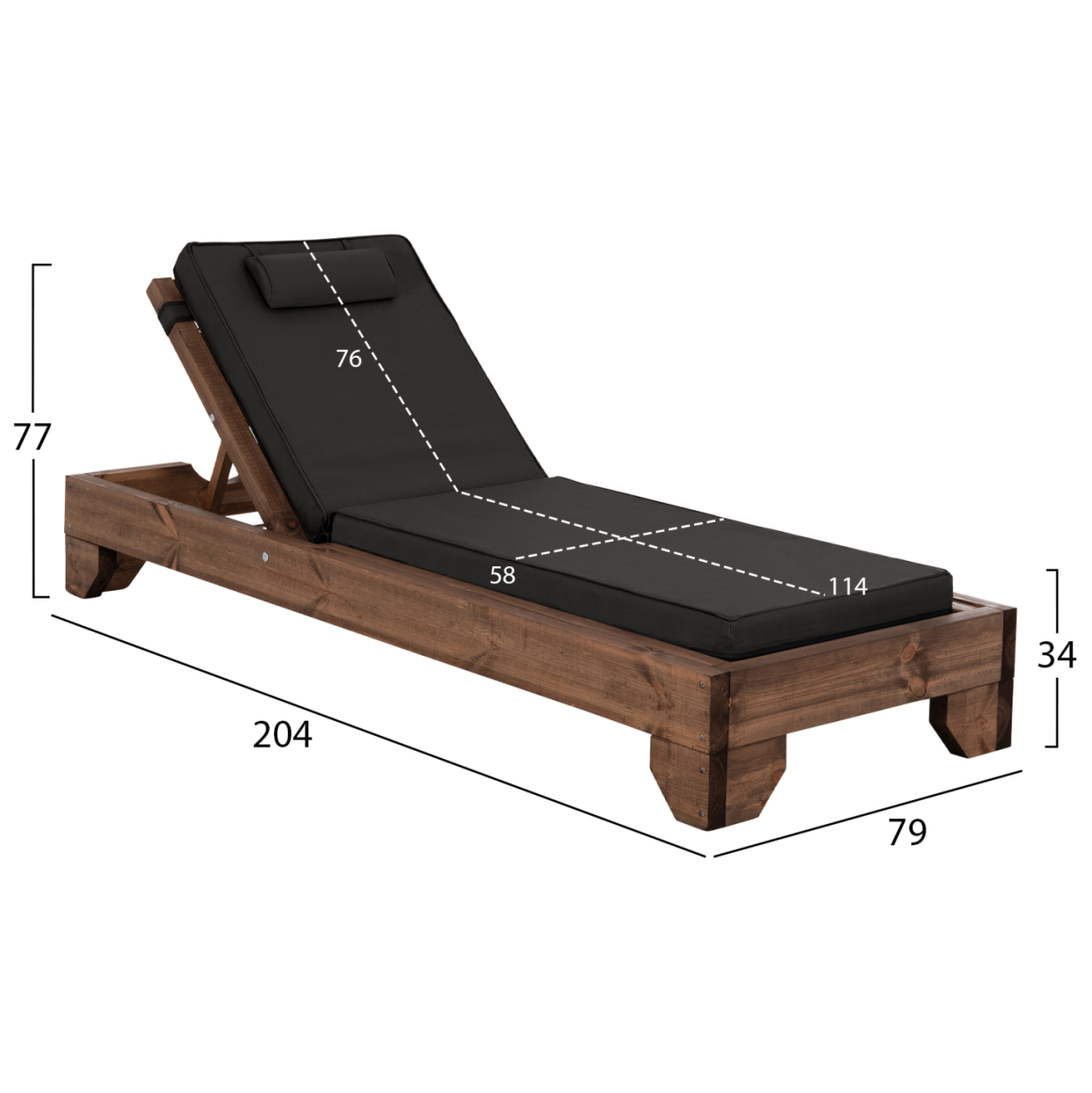 BEACH LOUNGER KORINOS HM10772.05T PINE WOOD IN WALNUT--CUSHION IN BLACK 79x204x77Hcm. [2]