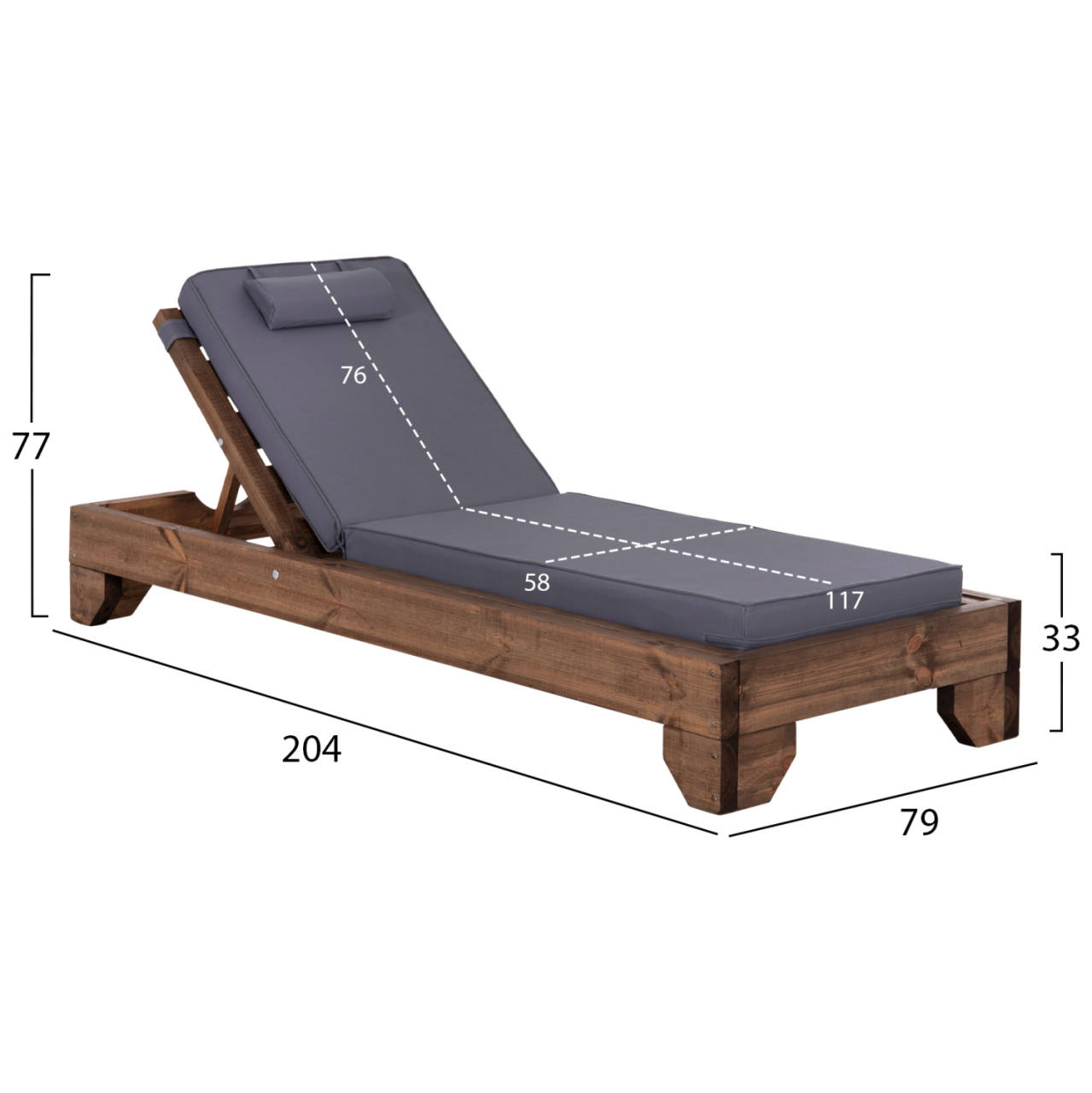 BEACH LOUNGER KORINOS HM10772.30T PINE WOOD IN WALNUT--CUSHION IN GREY 79x204x77Hcm. [2]