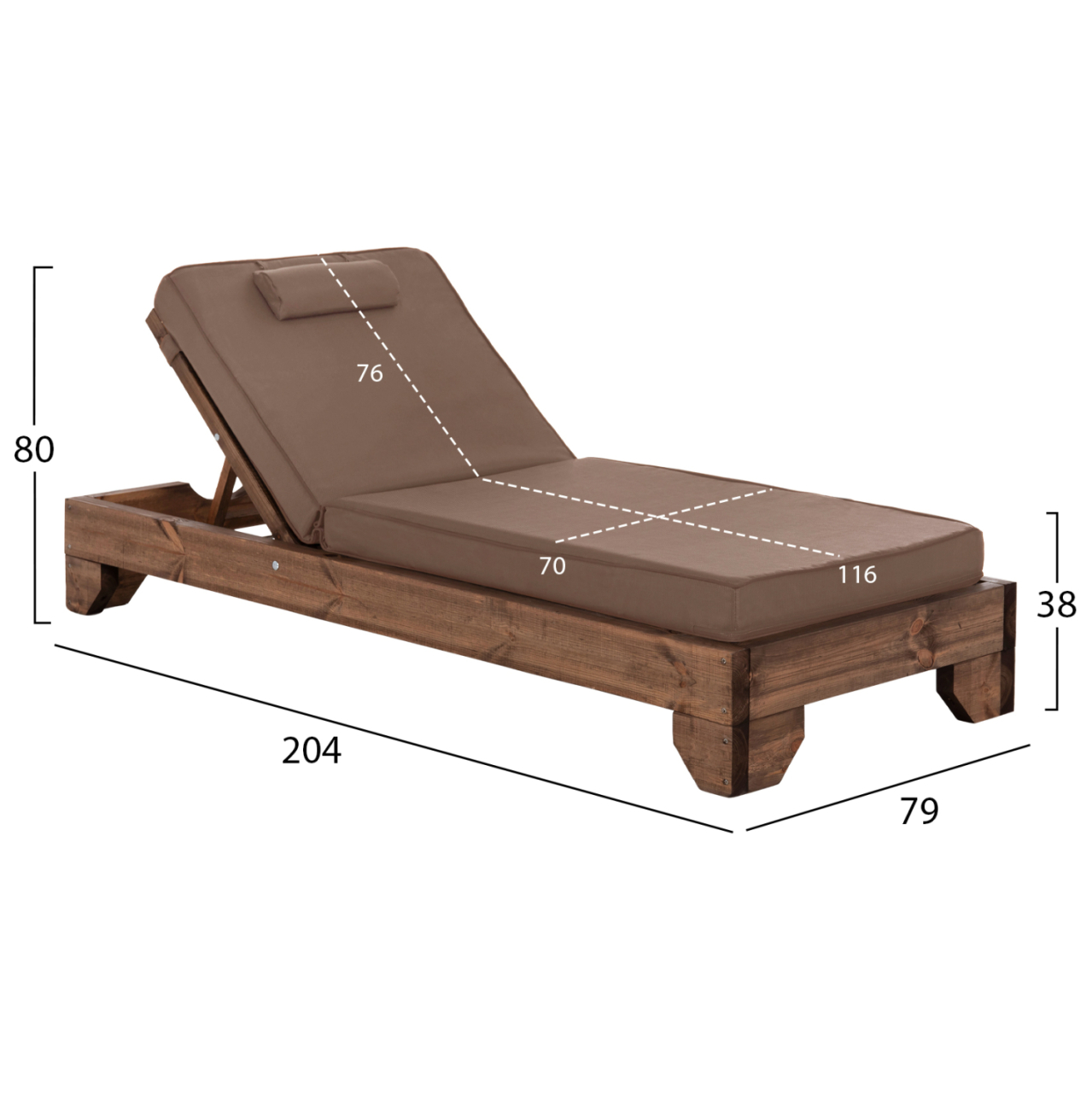 BEACH LOUNGER KORINOS HM10773.04T PINE WOOD IN WALNUT--CUSHION IN MOCHA 79x204x80Hcm. [2]