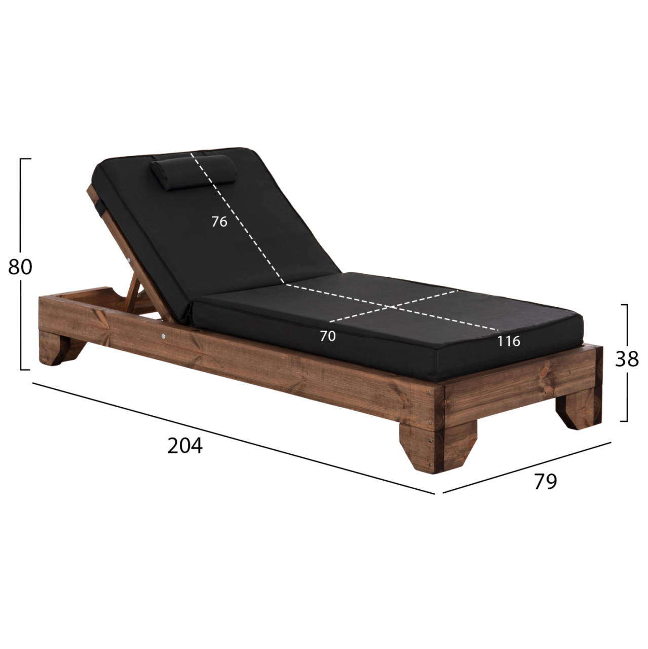 BEACH LOUNGER KORINOS HM10773.05T PINE WOOD IN WALNUT--CUSHION IN BLACK 79x204x80Hcm. [2]