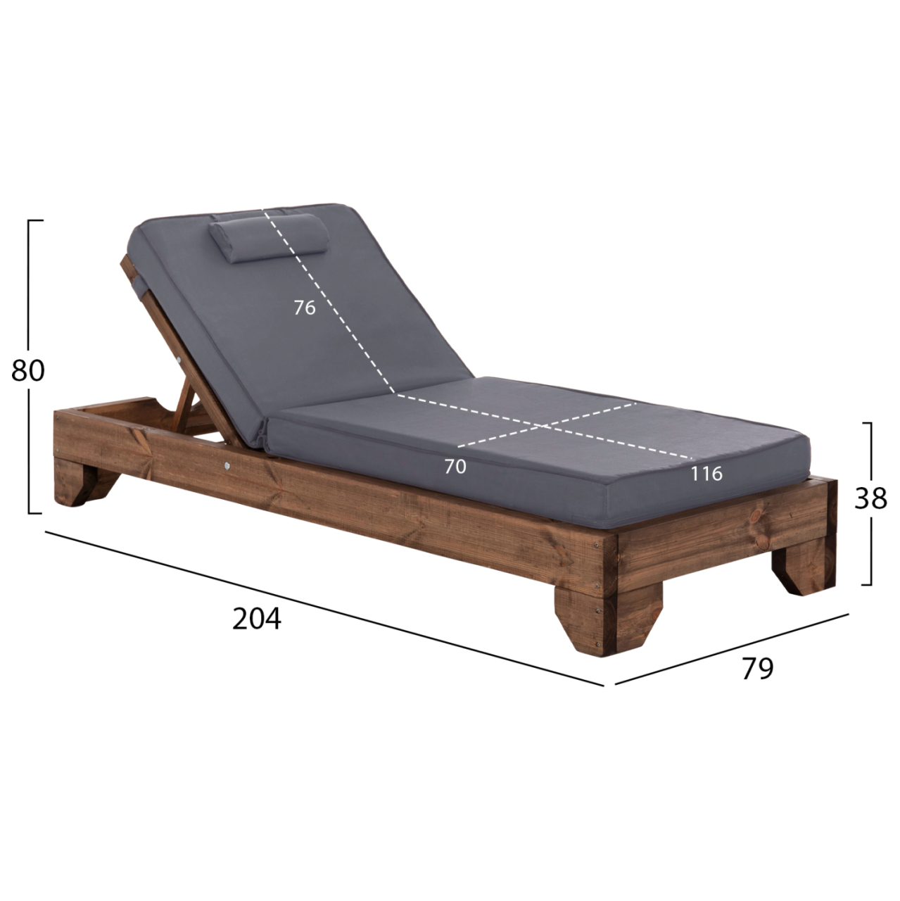 BEACH LOUNGER KORINOS HM10773.30T PINE WOOD IN WALNUT--CUSHION IN GREY 79x204x80Hcm. [2]