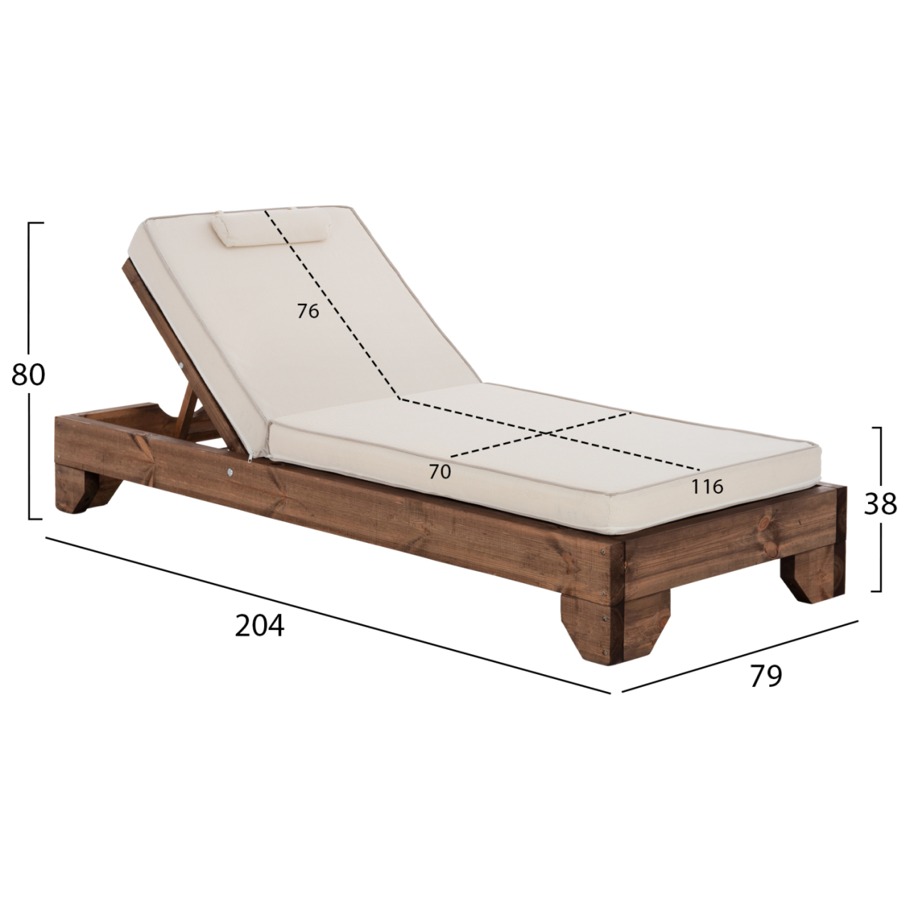 BEACH LOUNGER KORINOS HM10773.60T PINE WOOD IN WALNUT--CUSHION IN CREAM 79x204x80Hcm. [2]