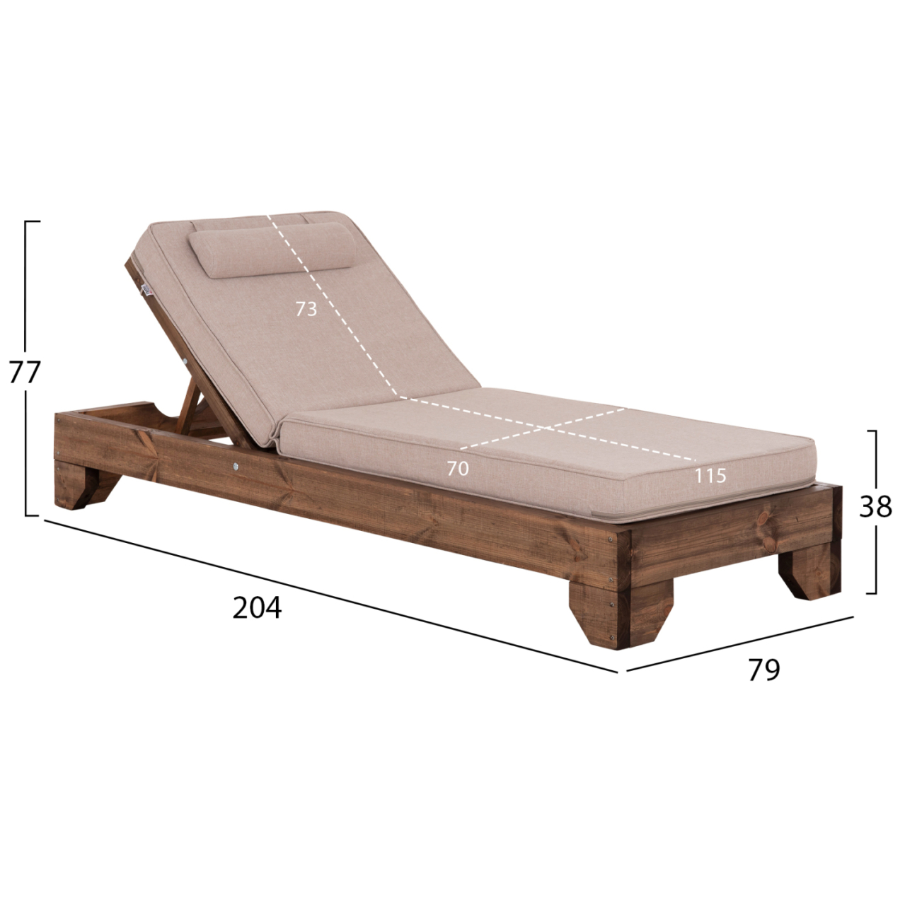 BEACH LOUNGER KORINOS HM10774.72 PINE WOOD IN WALNUT--OLEFIN CUSHION IN BEIGE 79x204x77Hcm. [2]