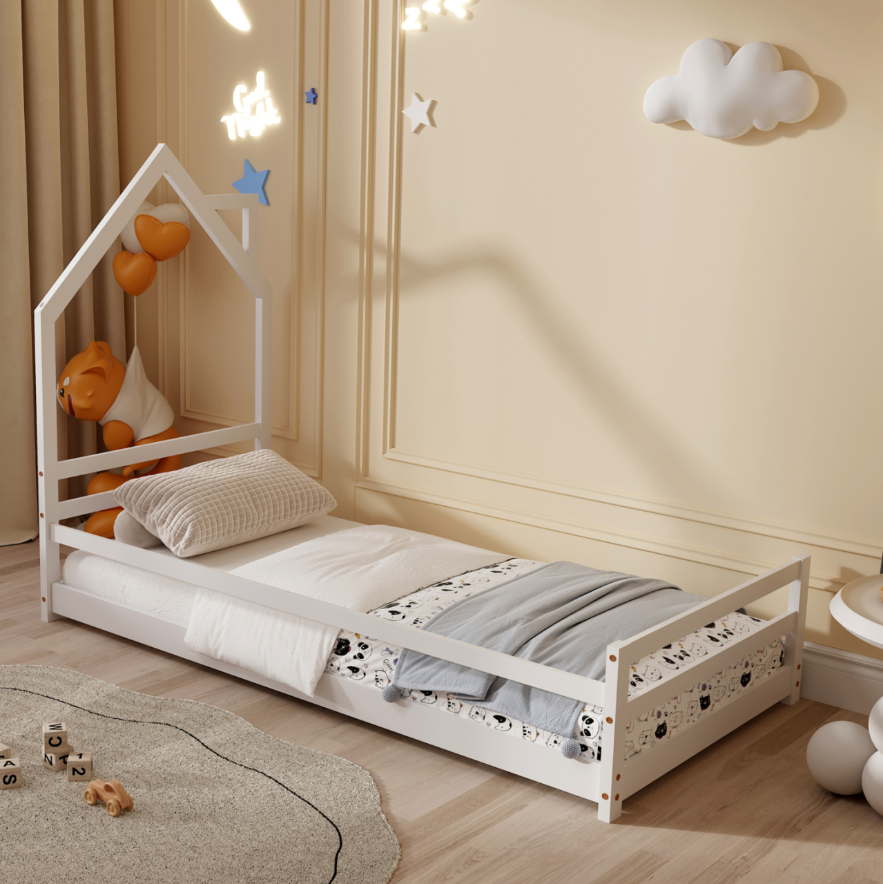 BED FOR KIDS HOUSER HM676.03 t.MONTESSORI SOLID PINE WOOD IN WHITE- 190x90cm. [4]