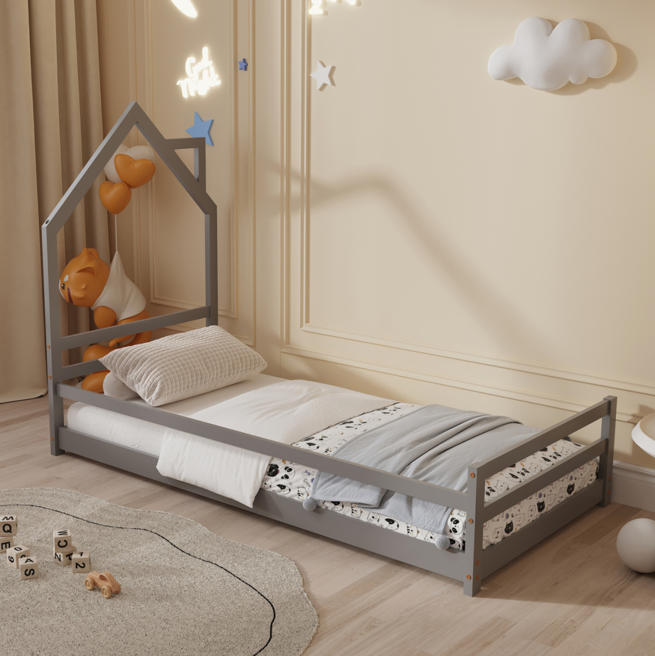 BED FOR KIDS HOUSER HM676.05 t.MONTESSORI SOLID PINE WOOD IN GREY- 190x90cm. [4]