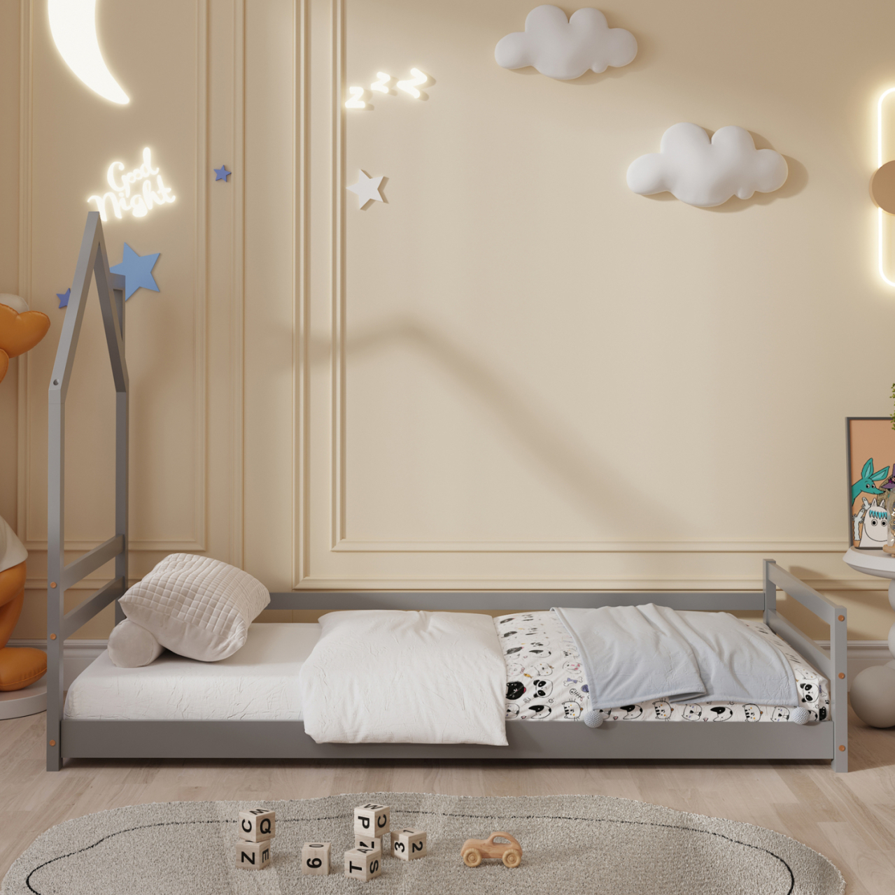 BED FOR KIDS HOUSER HM676.05 t.MONTESSORI SOLID PINE WOOD IN GREY- 190x90cm. [5]