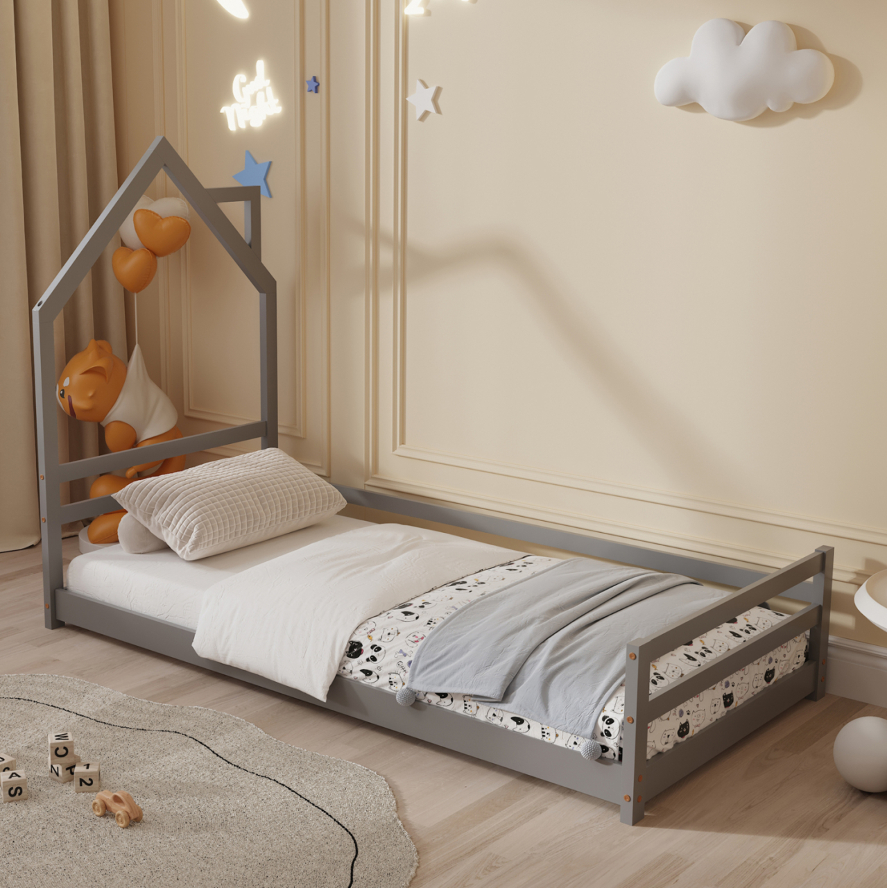 BED FOR KIDS HOUSER HM676.05 t.MONTESSORI SOLID PINE WOOD IN GREY- 190x90cm. [2]