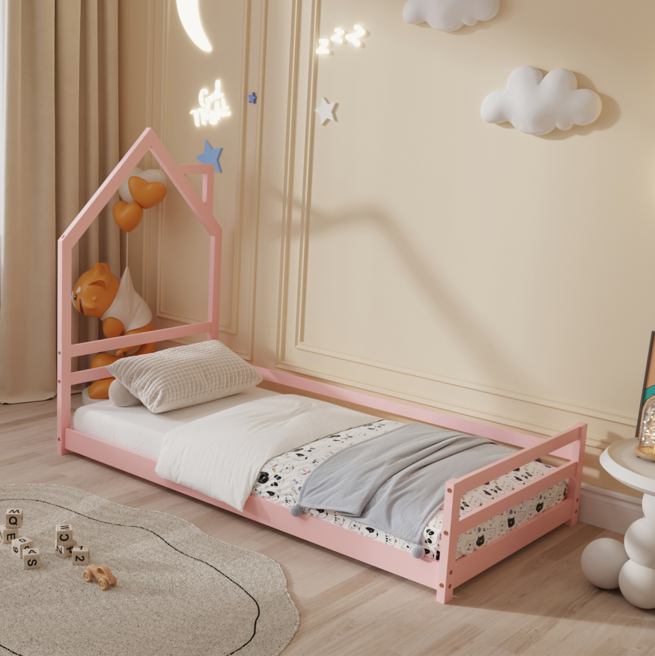 BED FOR KIDS HOUSER HM676.06 t.MONTESSORI SOLID PINE WOOD IN PINK- 190x90cm. [2]