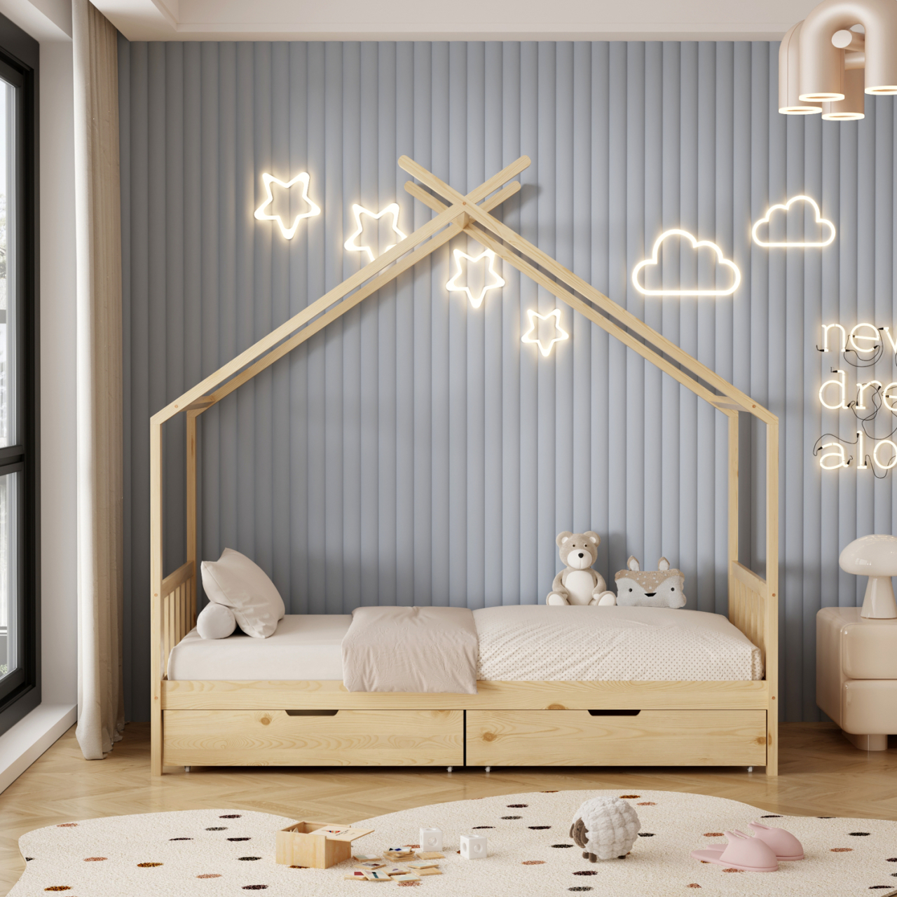 BED FOR KIDS KLARICE HM680.01 t.MONTESSORI-2 DRAWERS- SOLID PINE WOOD IN NATURAL- 190x90cm. [4]