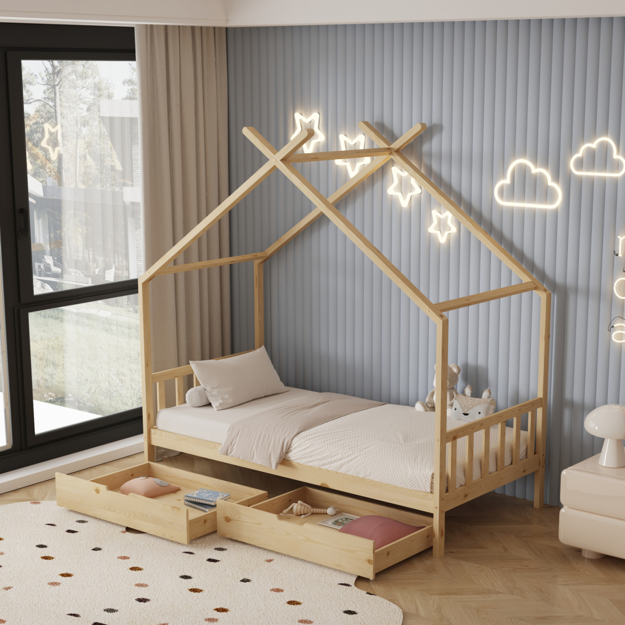 BED FOR KIDS KLARICE HM680.01 t.MONTESSORI-2 DRAWERS- SOLID PINE WOOD IN NATURAL- 190x90cm. [2]