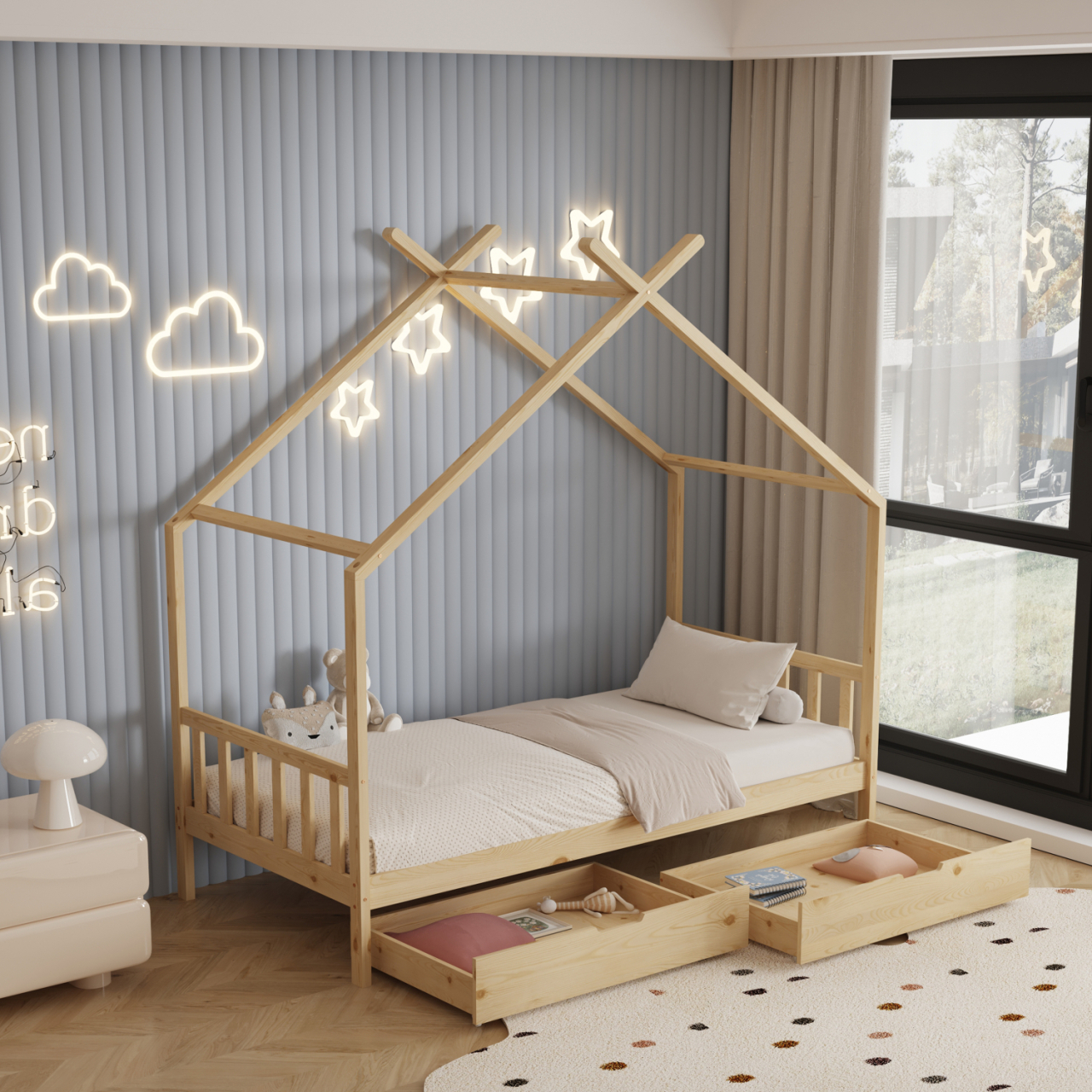 BED FOR KIDS KLARICE HM680.01 t.MONTESSORI-2 DRAWERS- SOLID PINE WOOD IN NATURAL- 190x90cm. [5]