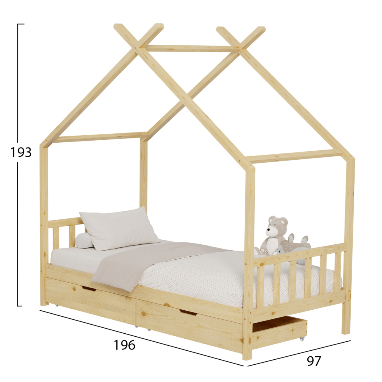 BED FOR KIDS KLARICE HM680.01 t.MONTESSORI-2 DRAWERS- SOLID PINE WOOD IN NATURAL- 190x90cm. [3]