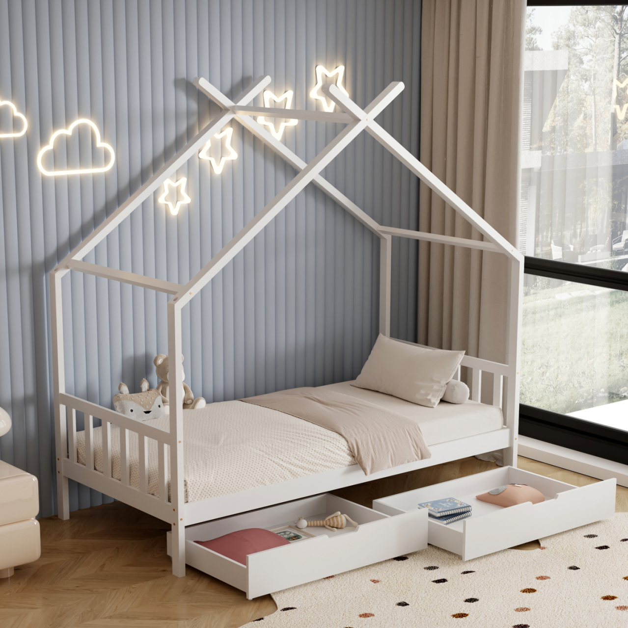 BED FOR KIDS KLARICE HM680.03 t.MONTESSORI-2 DRAWERS- SOLID PINE WOOD IN WHITE- 190x90cm. [4]