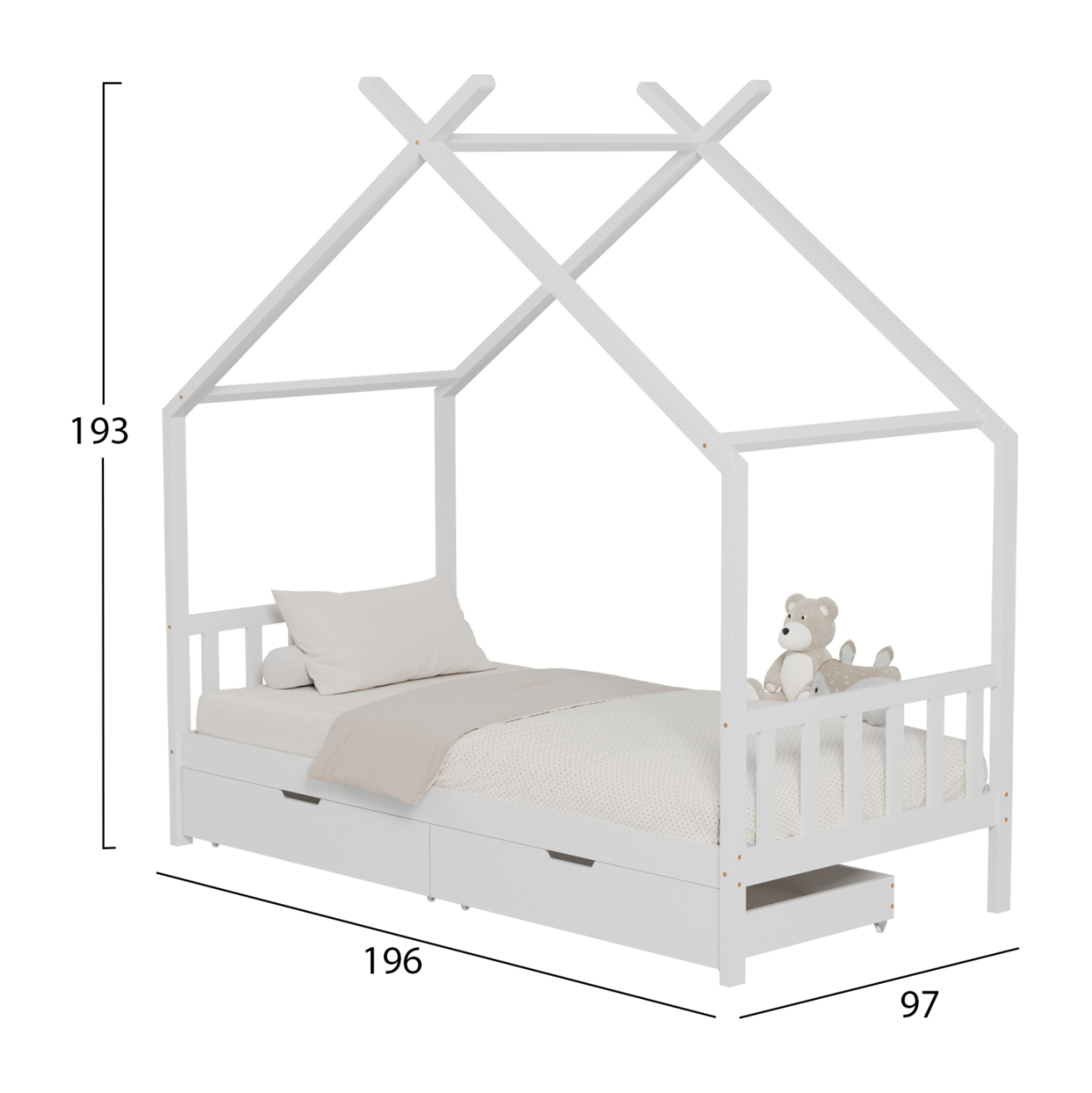 BED FOR KIDS KLARICE HM680.03 t.MONTESSORI-2 DRAWERS- SOLID PINE WOOD IN WHITE- 190x90cm. [3]