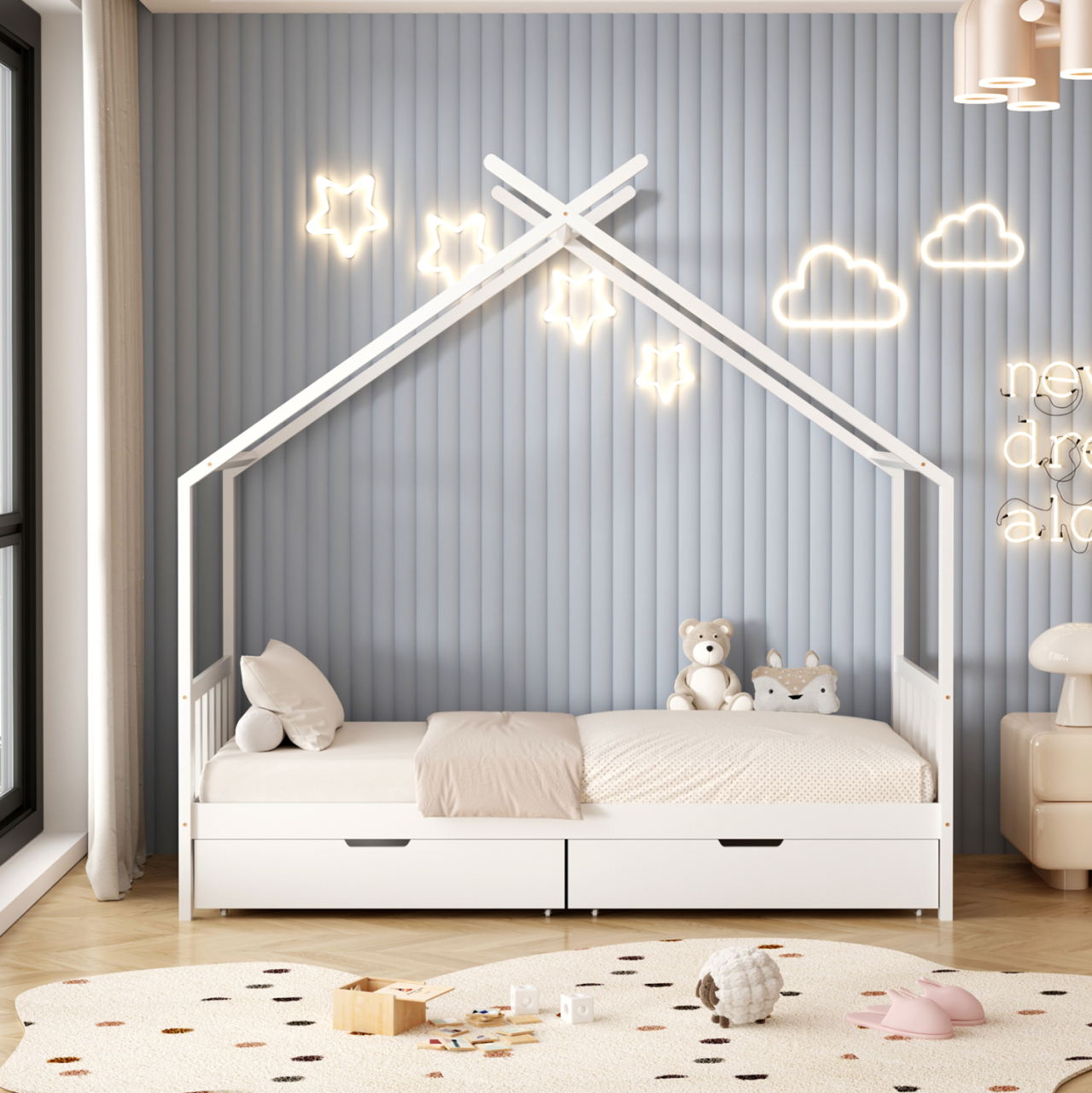 BED FOR KIDS KLARICE HM680.03 t.MONTESSORI-2 DRAWERS- SOLID PINE WOOD IN WHITE- 190x90cm. [5]