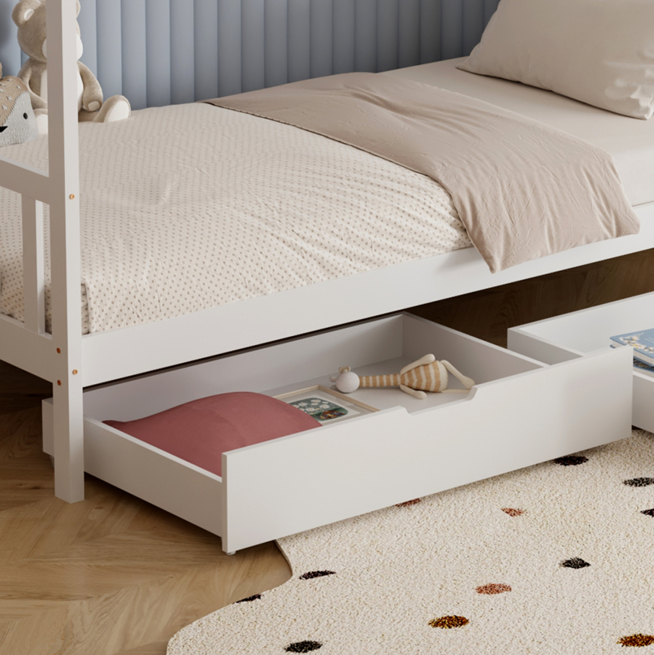 BED FOR KIDS KLARICE HM680.03 t.MONTESSORI-2 DRAWERS- SOLID PINE WOOD IN WHITE- 190x90cm. [7]