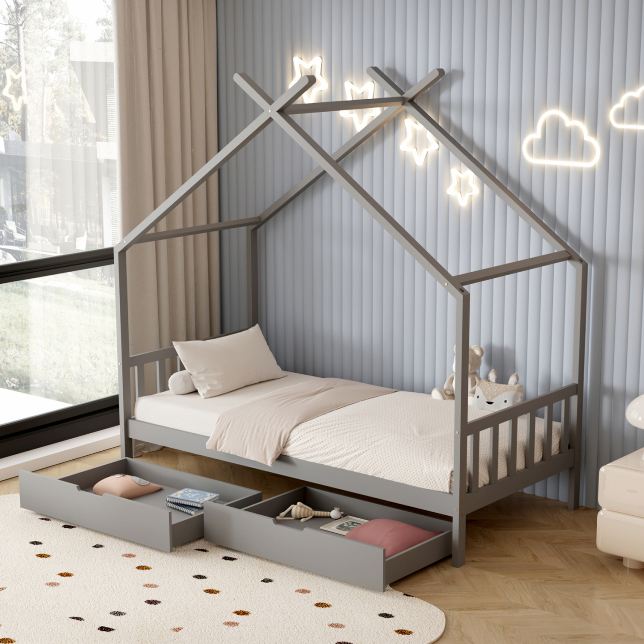 BED FOR KIDS KLARICE HM680.05 t.MONTESSORI-2 DRAWERS- SOLID PINE WOOD IN GREY- 190x90cm. [2]
